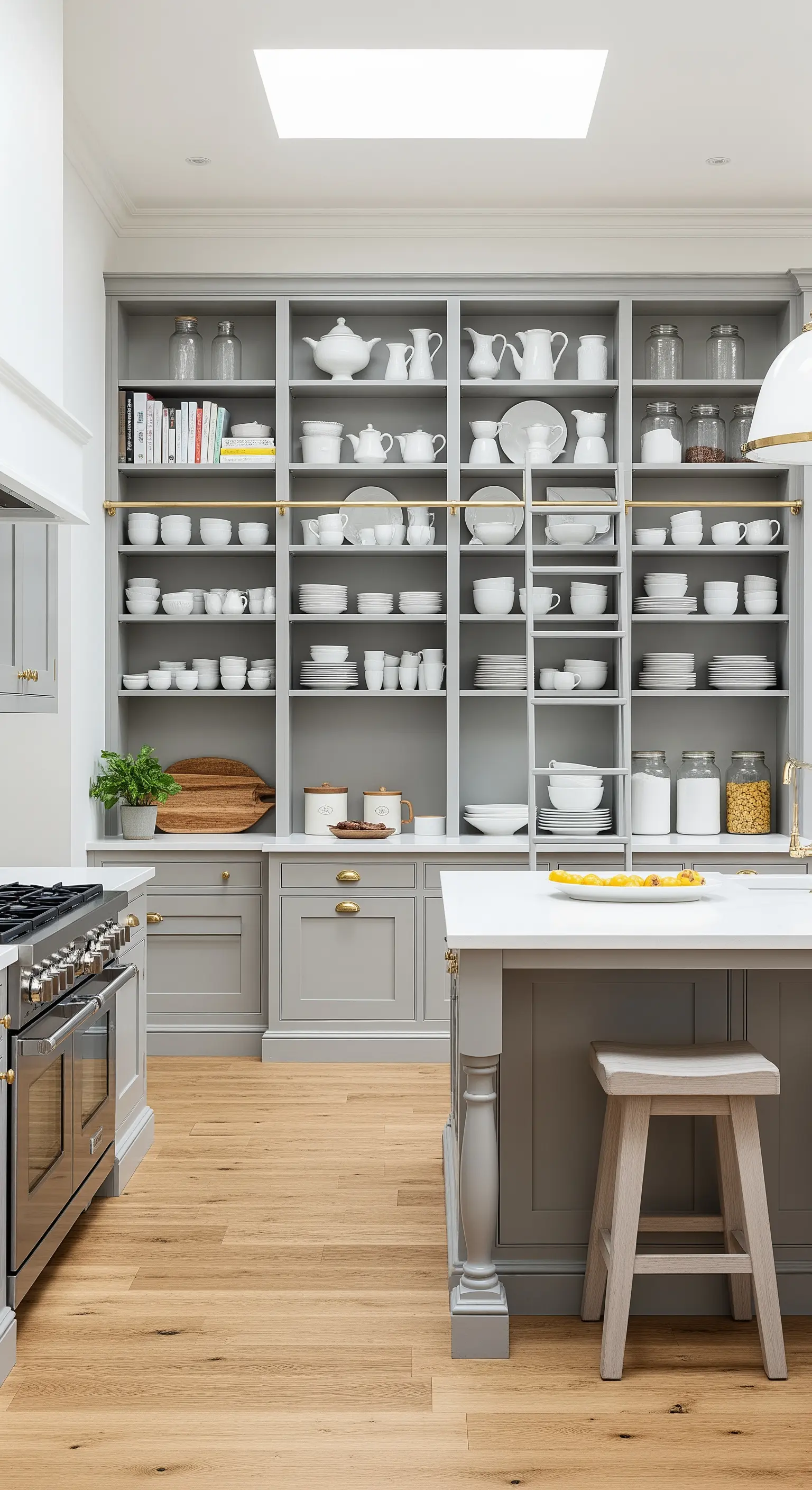 Libreria a tutta parete grigia con scala scorrevole e stoviglie bianche.