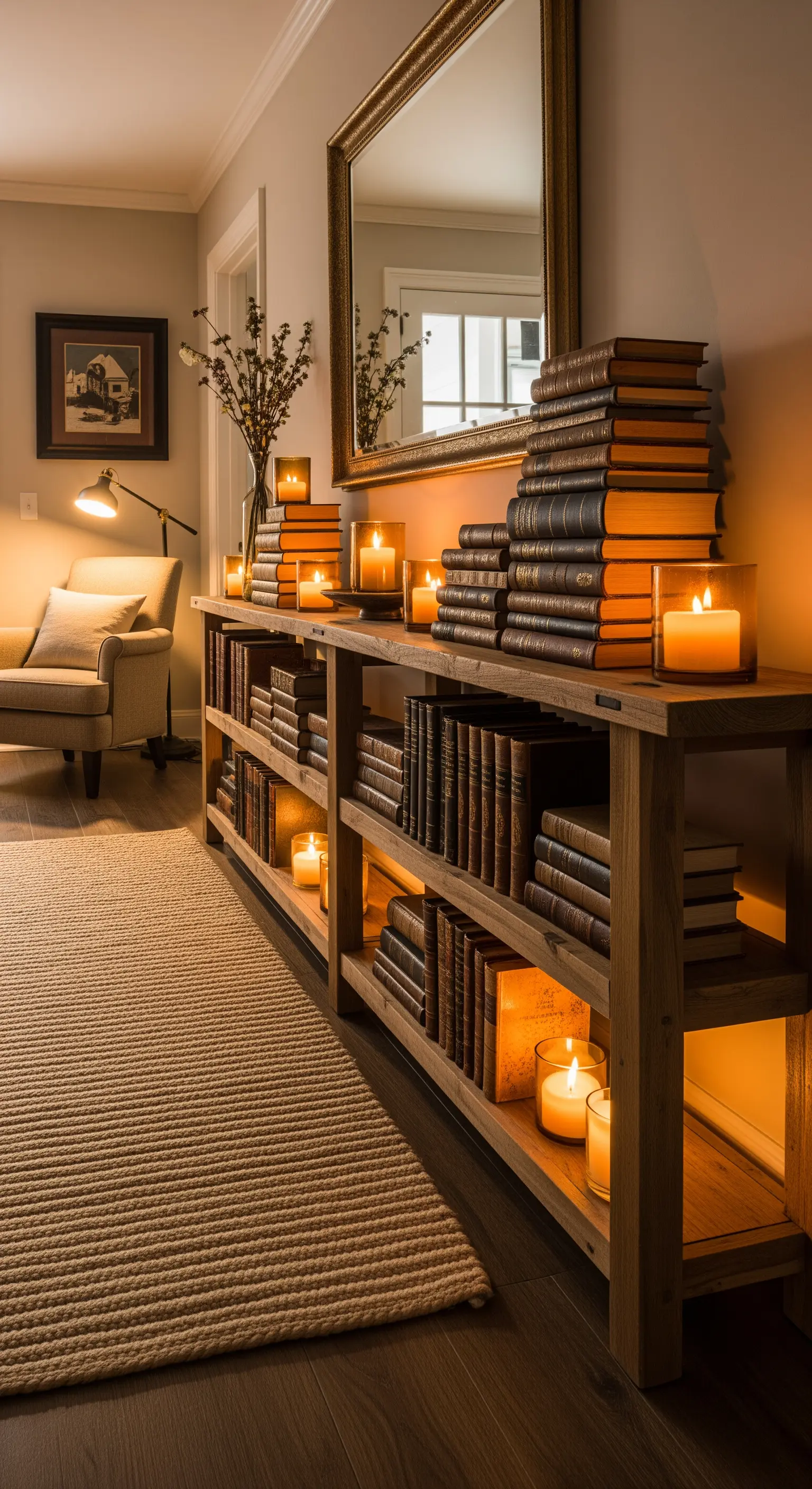 Consolle in legno usata come libreria, con pile di libri antichi illuminate da candele.
