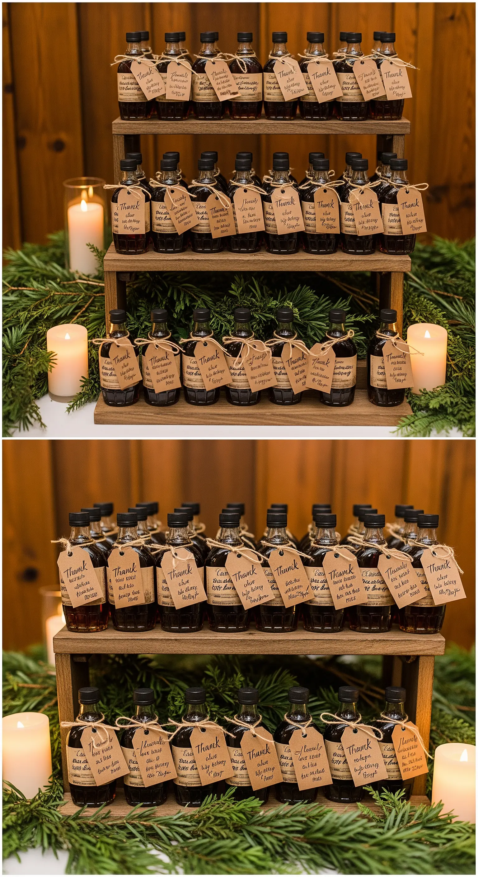 Piccole bottiglie di sciroppo d'acero come bomboniere, esposte su un'alzata di legno.