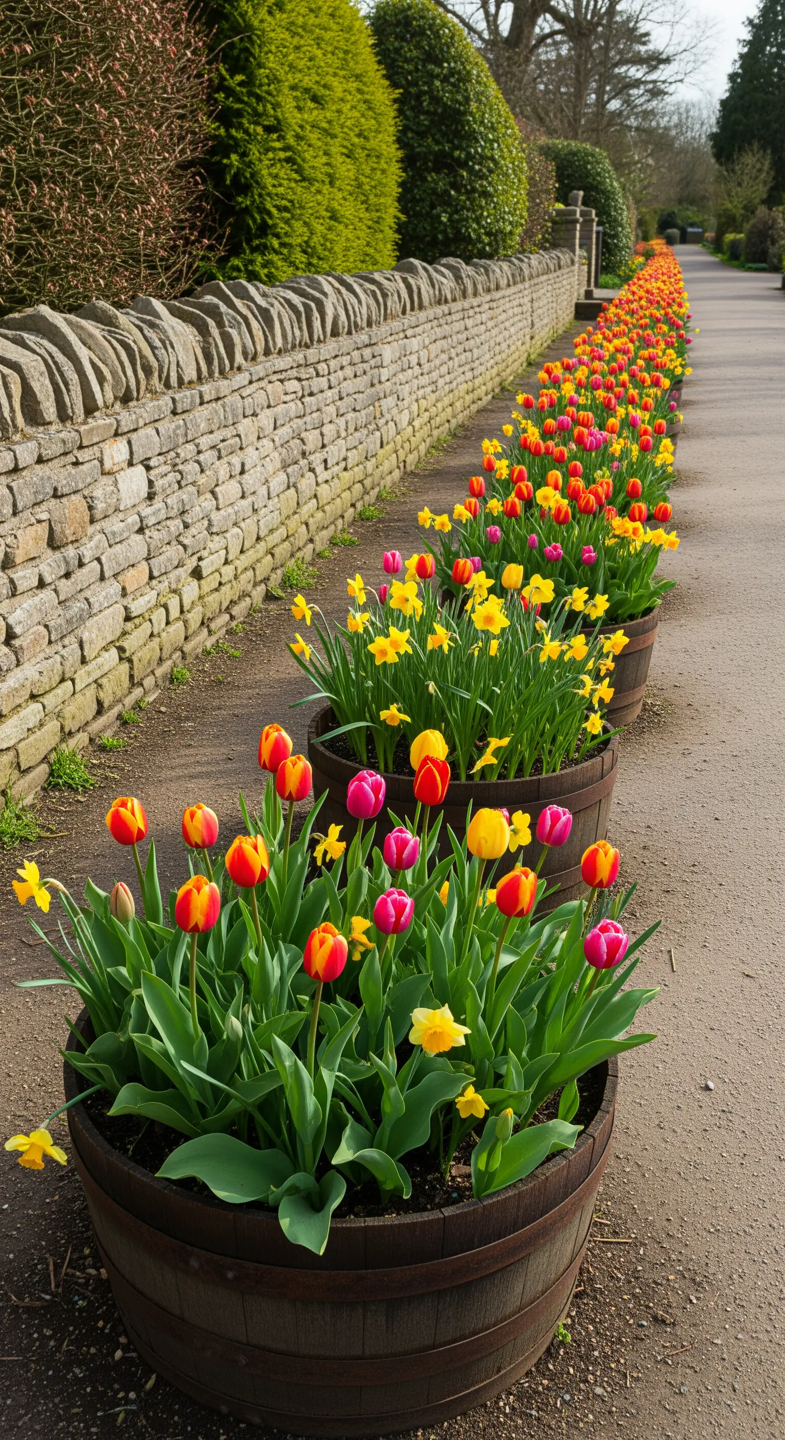 Lunga fila di botti ai margini di una strada, piene di tulipani e narcisi colorati.