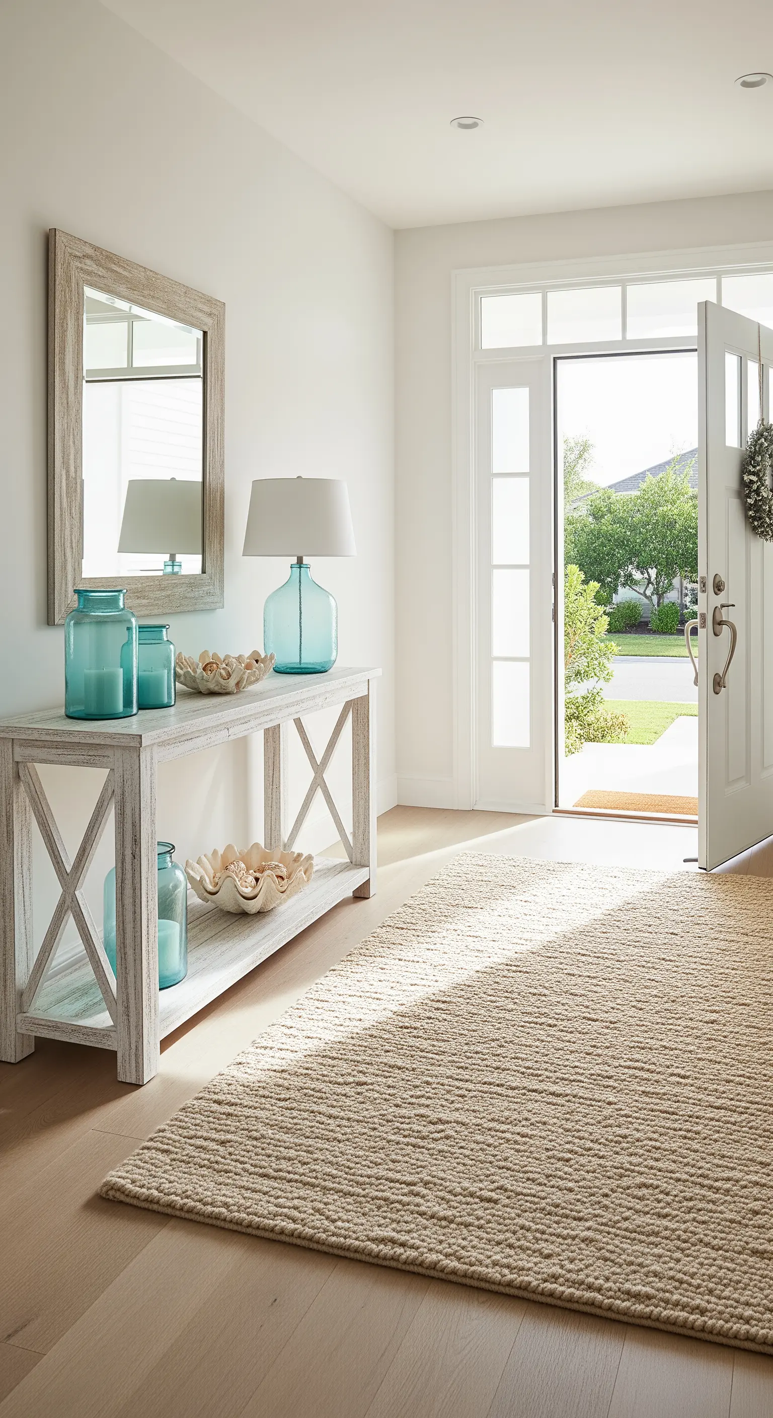 Ingresso luminoso con consolle bianca, tappeto in iuta e vasi in vetro azzurro.