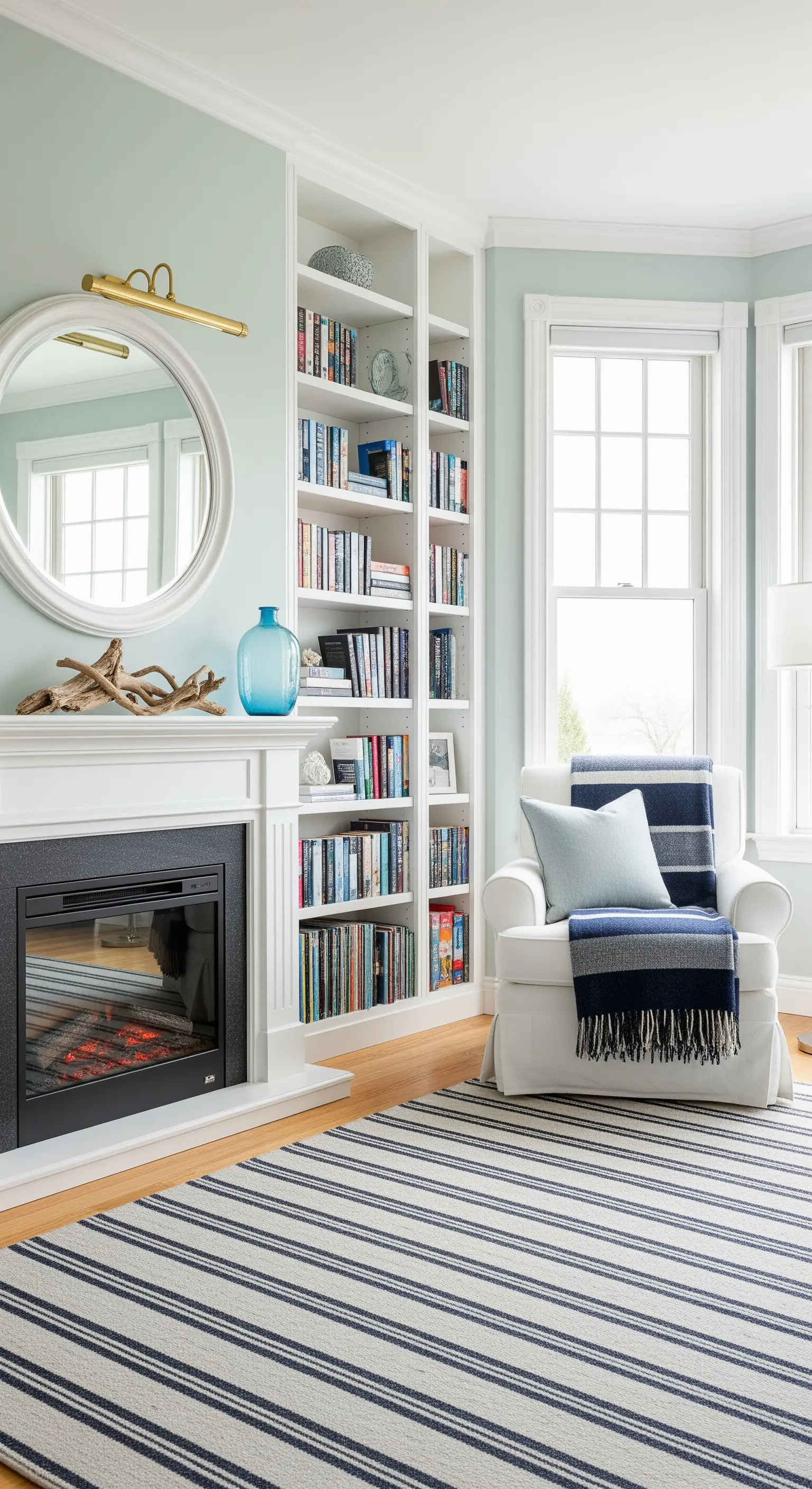Angolo lettura in stile costiero con pareti azzurre, mobili bianchi e tappeto a righe.