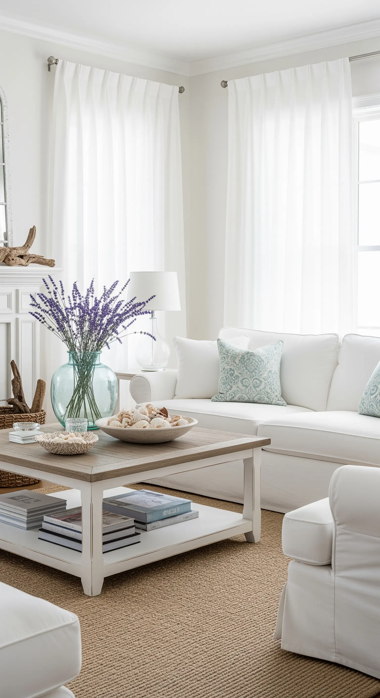 Soggiorno in stile shabby costiero con divano bianco, lavanda e conchiglie.