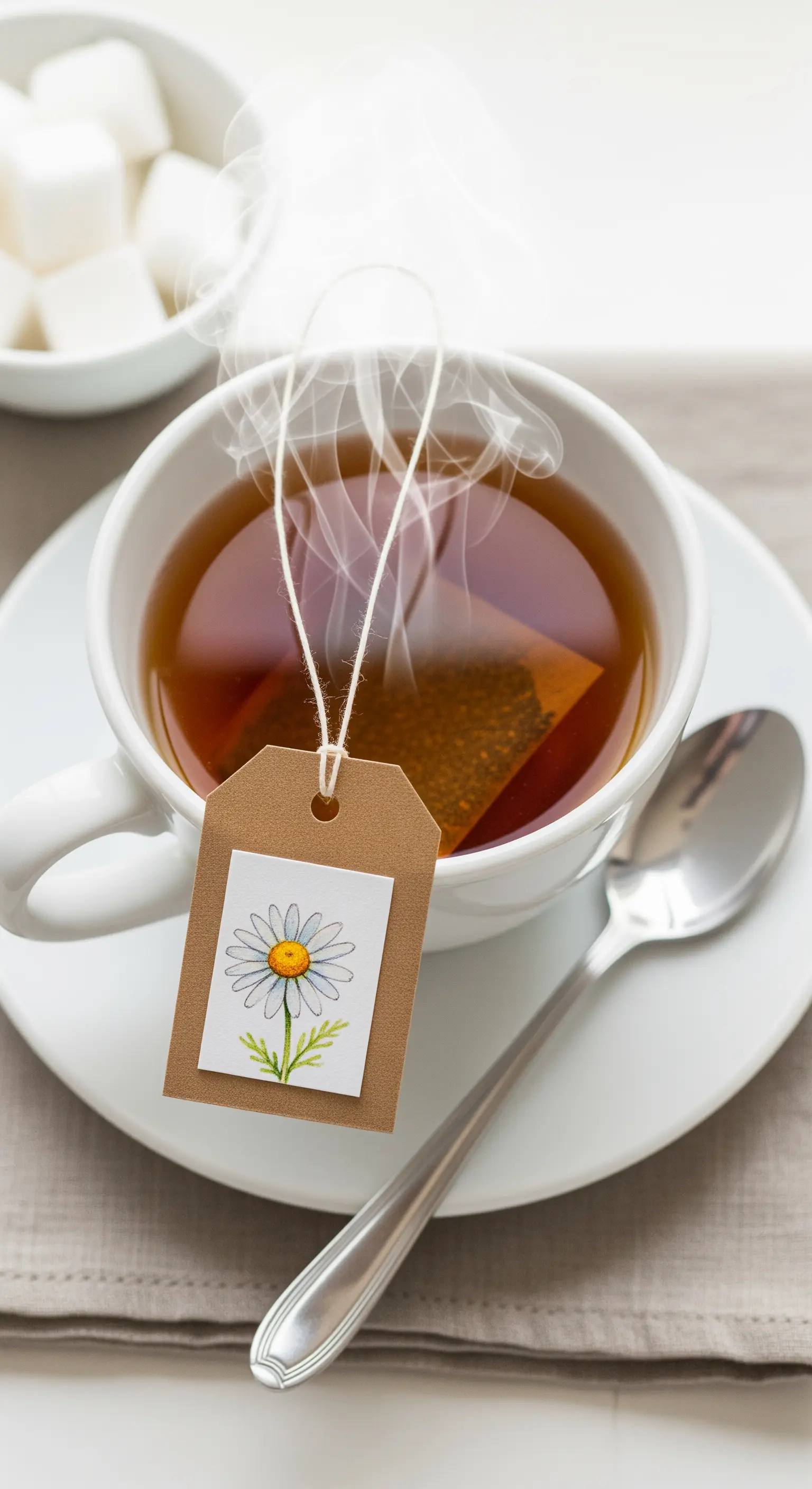 Tazza di tè fumante con una bustina la cui etichetta in carta kraft ha un disegno di margherita.