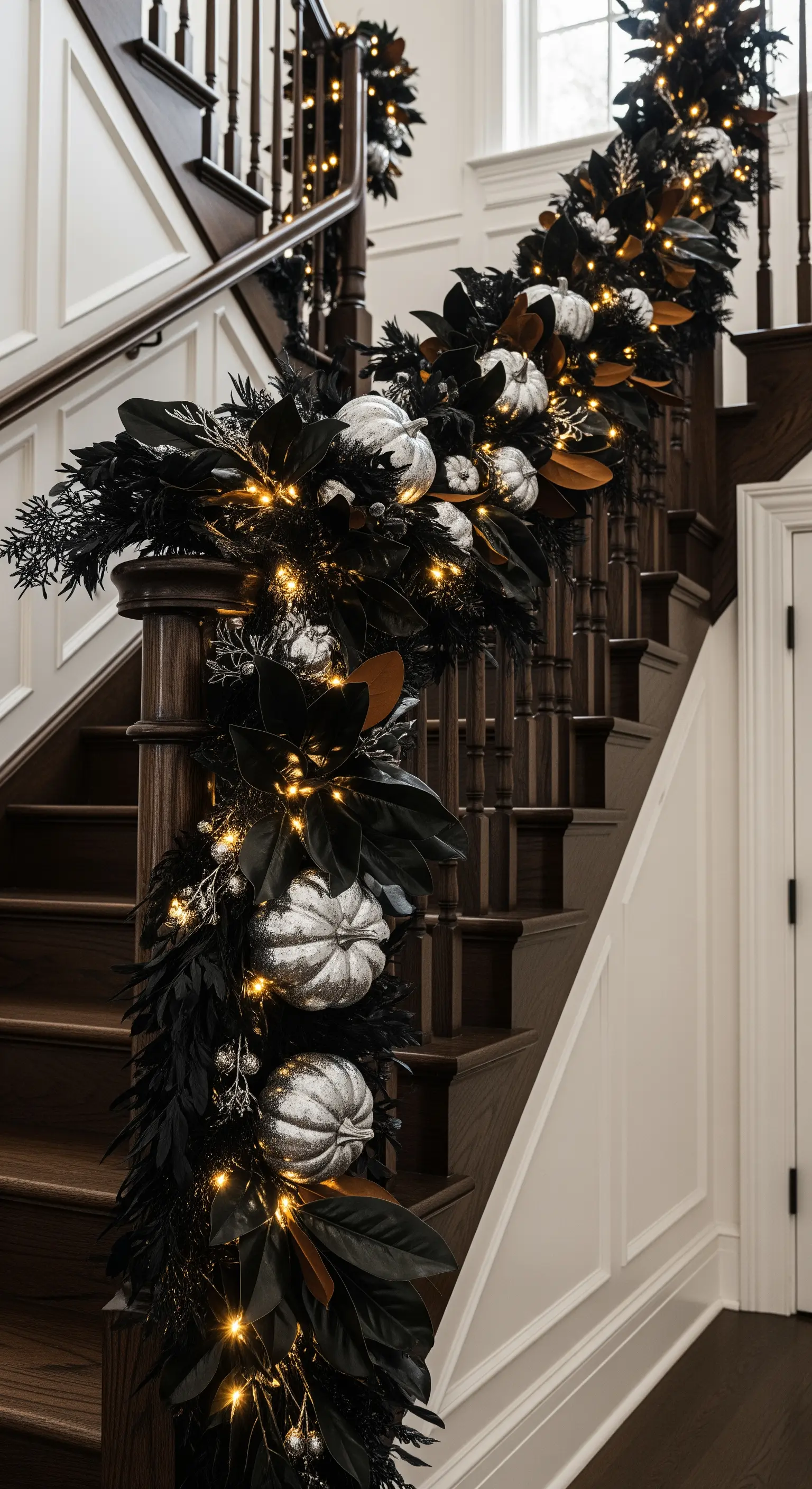 Ghirlanda nera e argento per corrimano con zucche glitterate e luci calde.