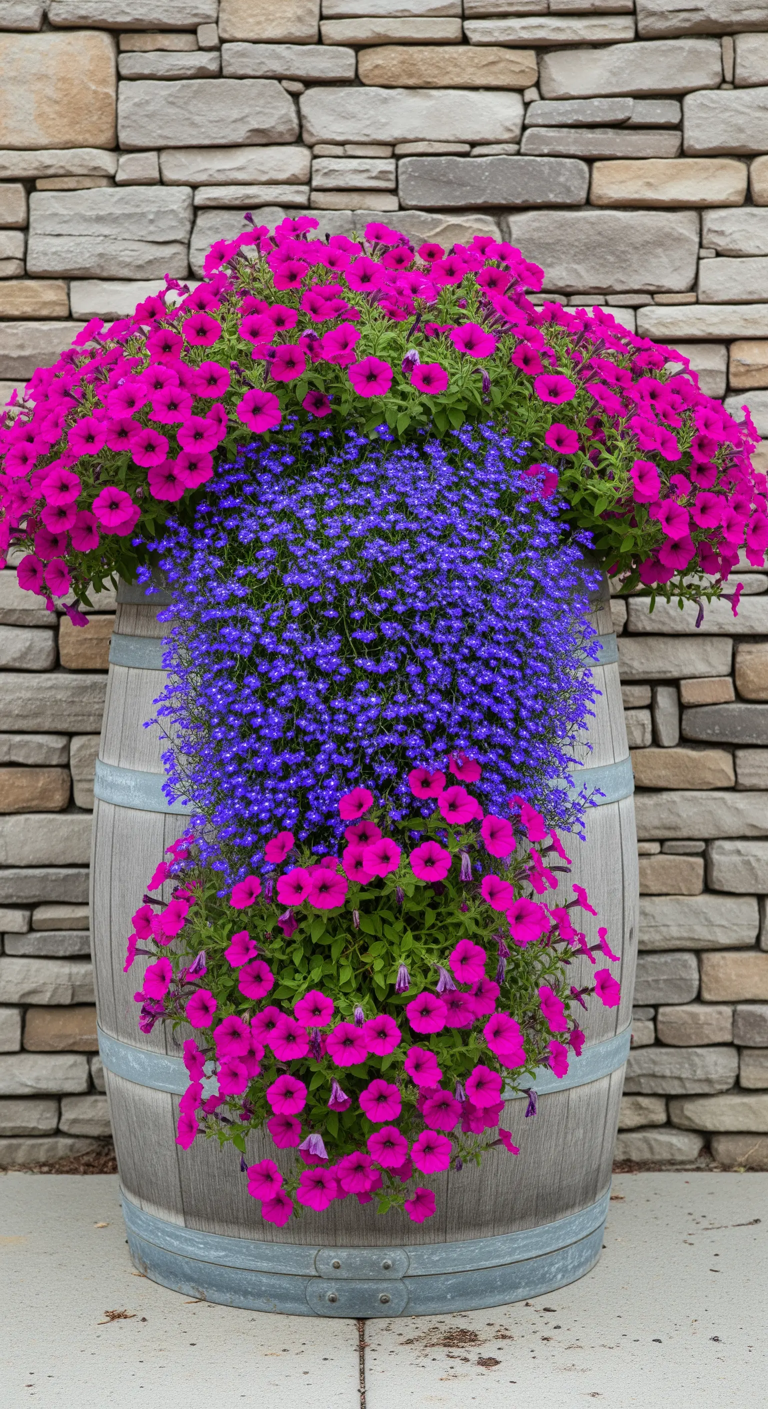 Botte di legno traboccante di petunie fucsia e lobelia blu, contro una parete di pietra chiara