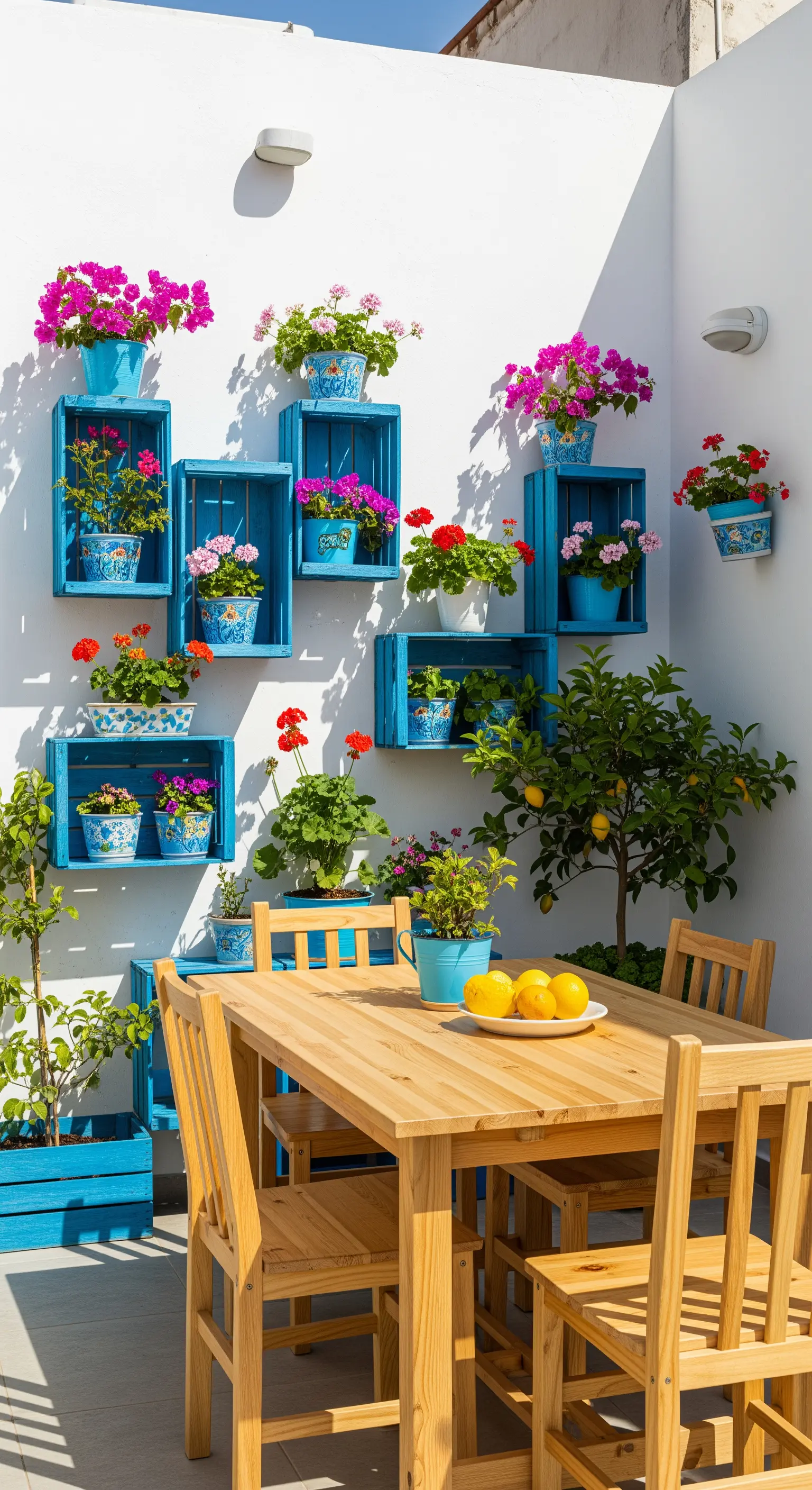 Cassette di legno dipinte di blu e montate a parete come fioriere per fiori rosa