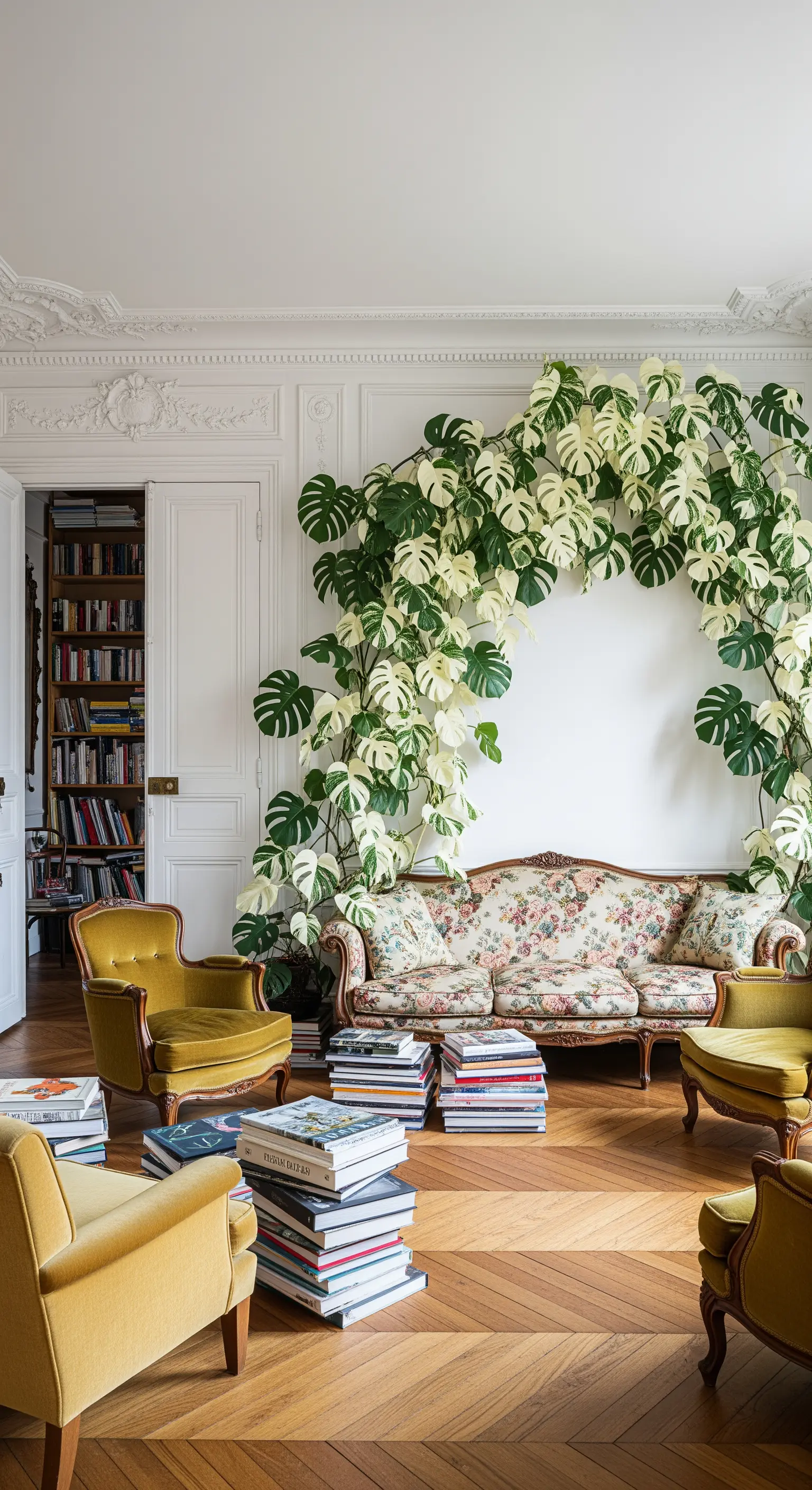 Una grande Monstera variegata si arrampica su una parete bianca in un salotto parigino.