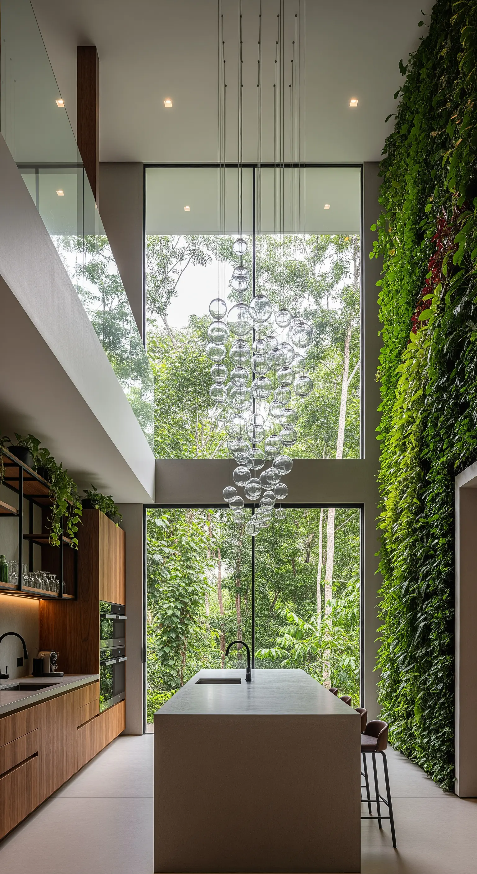 Cucina moderna a doppia altezza con parete verde e lampadario a cascata di sfere di vetro