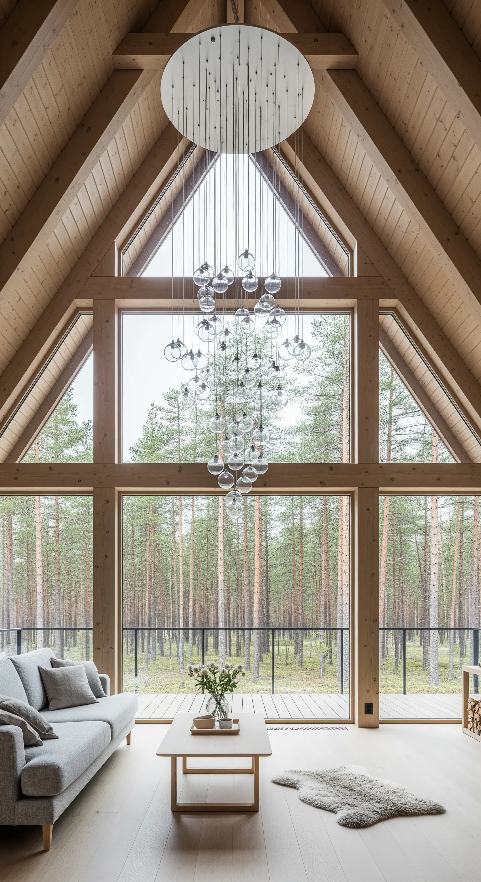 Casa moderna nel bosco con soffitto a capanna in legno e un lampadario a cascata di sfere di vetro.