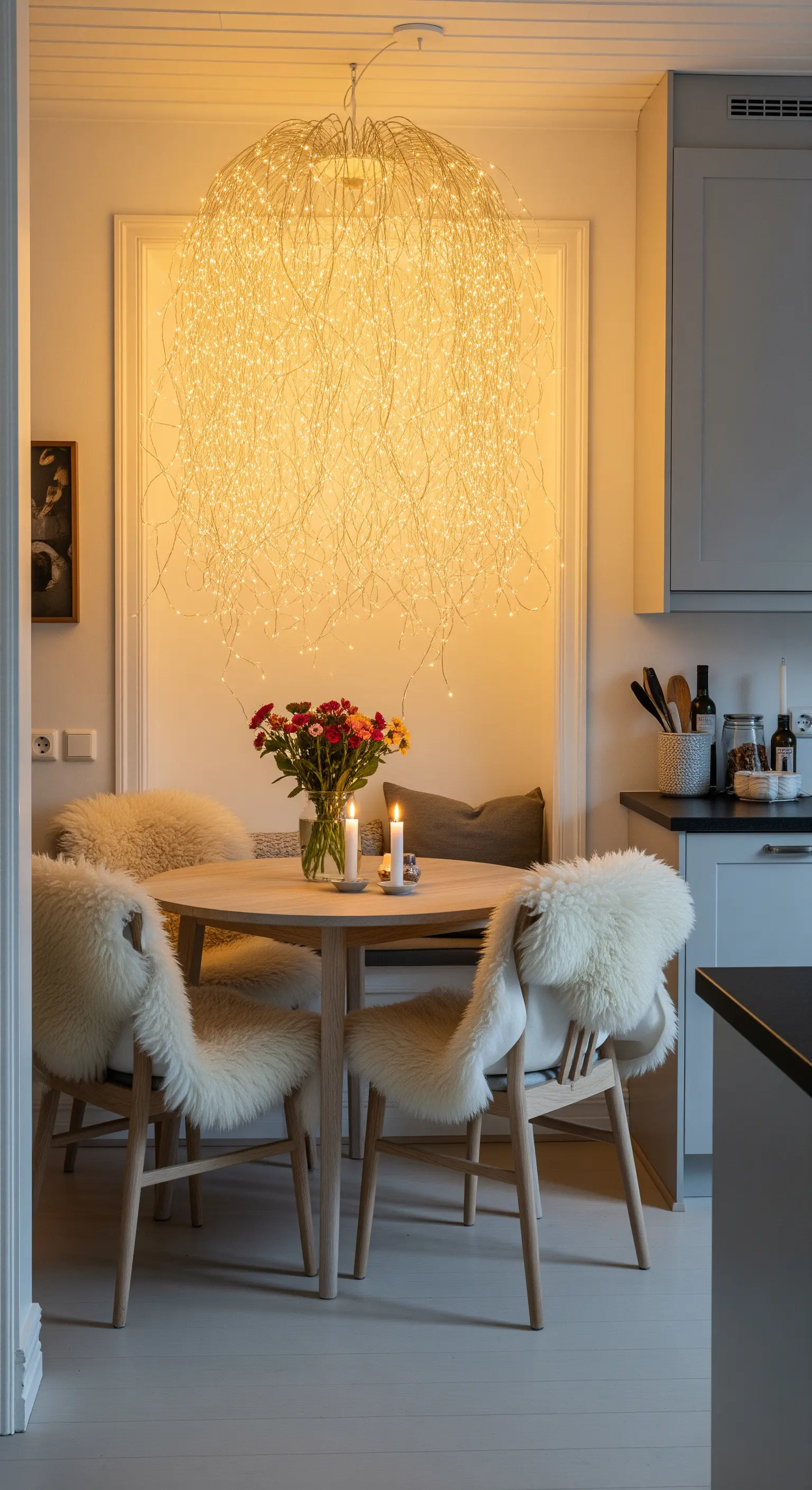 Angolo pranzo intimo con un lampadario a cascata di micro luci LED sopra un tavolo rotondo.