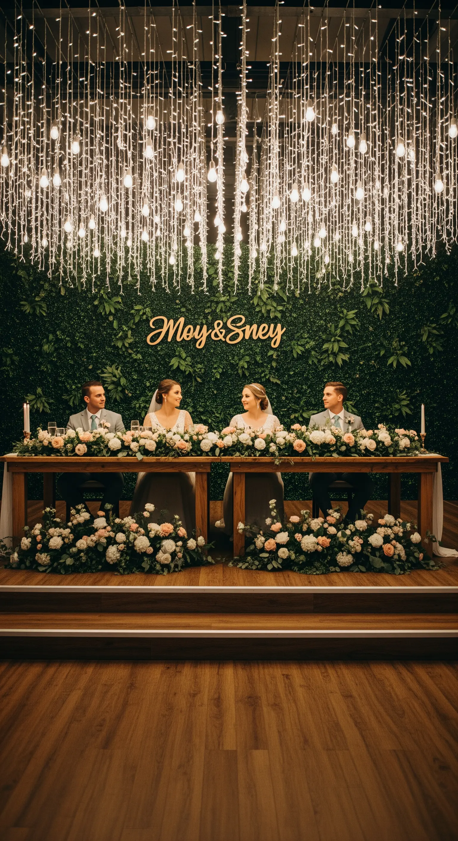 Tavolo d'onore con una parete verde e un soffitto coperto da una fitta cascata di luci.