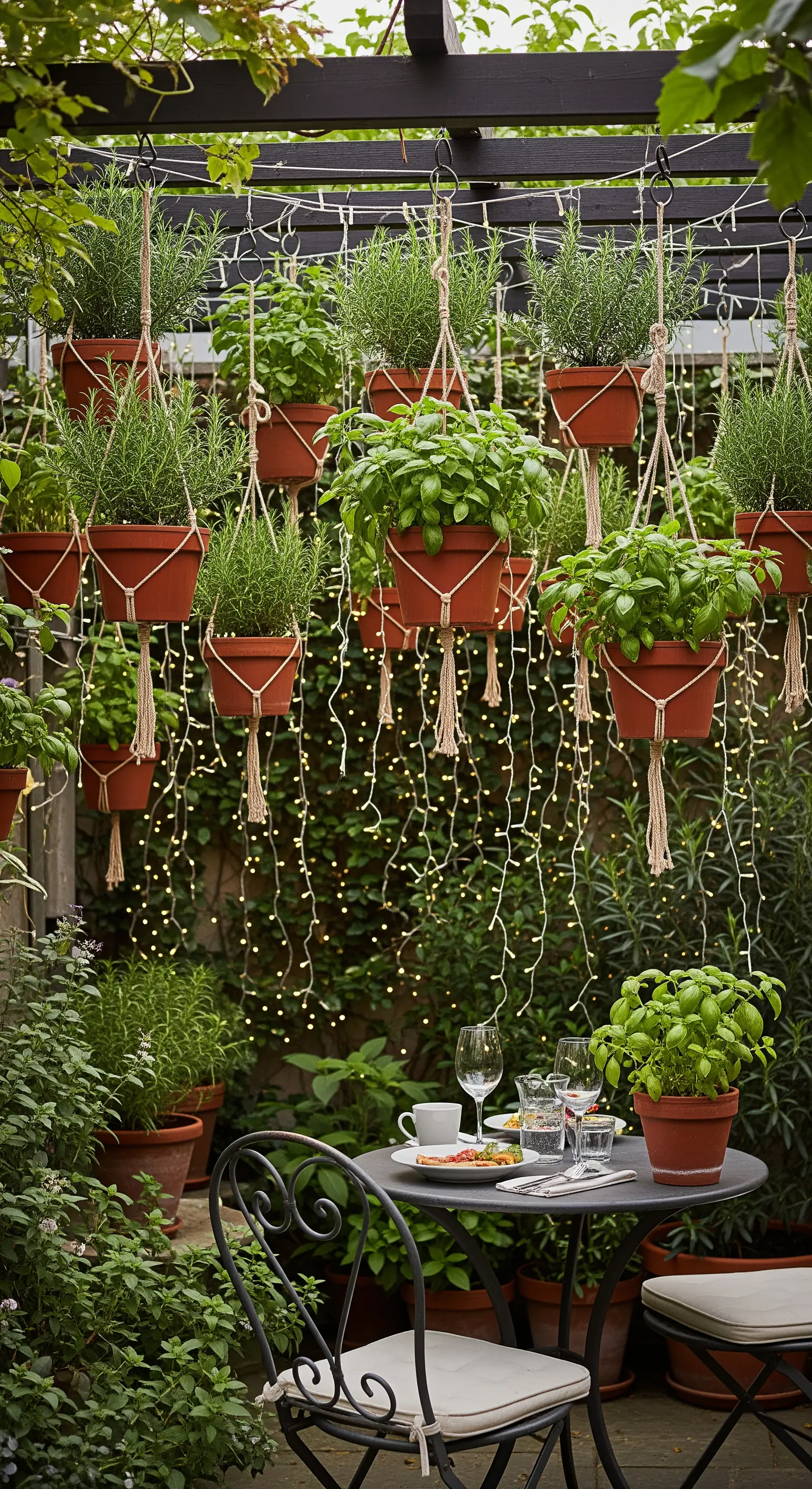 Balcone con un orto verticale di erbe aromatiche e una tenda di lucine scintillanti.
