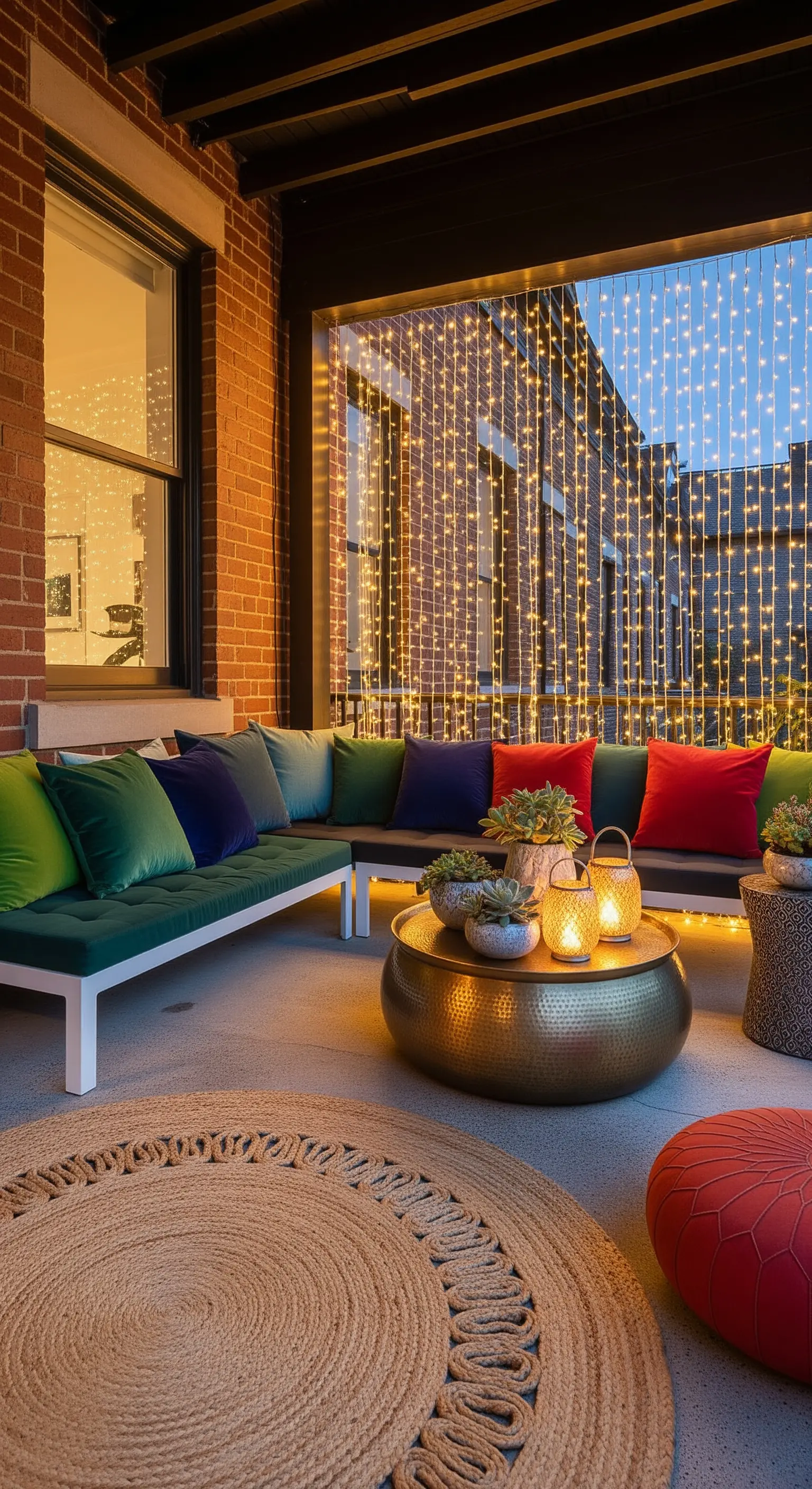 Terrazza moderna con divano angolare, cuscini in velluto e una tenda di lucine.