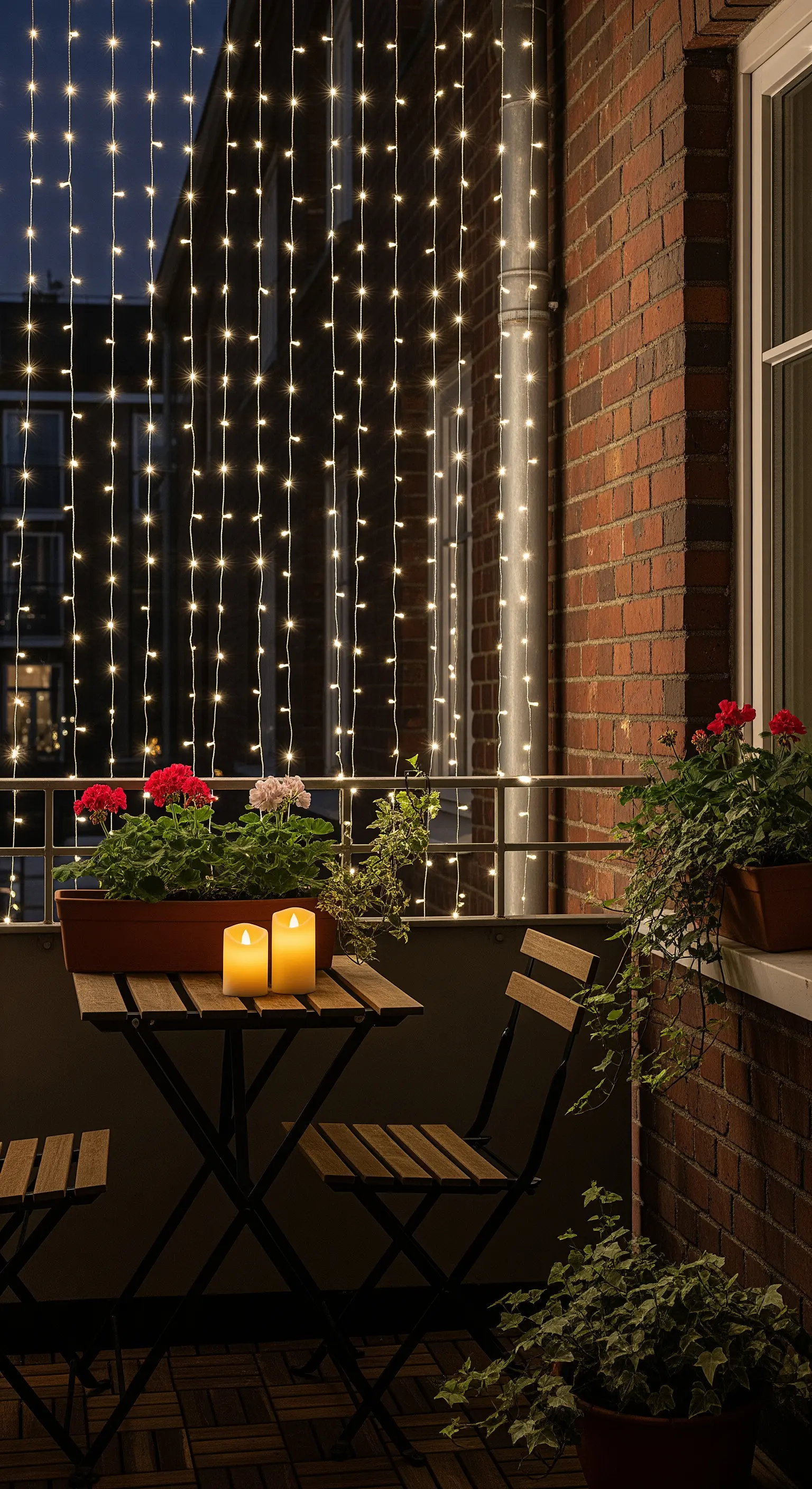Balcone intimo con tenda di lucine, tavolino pieghevole e piante in vaso.
