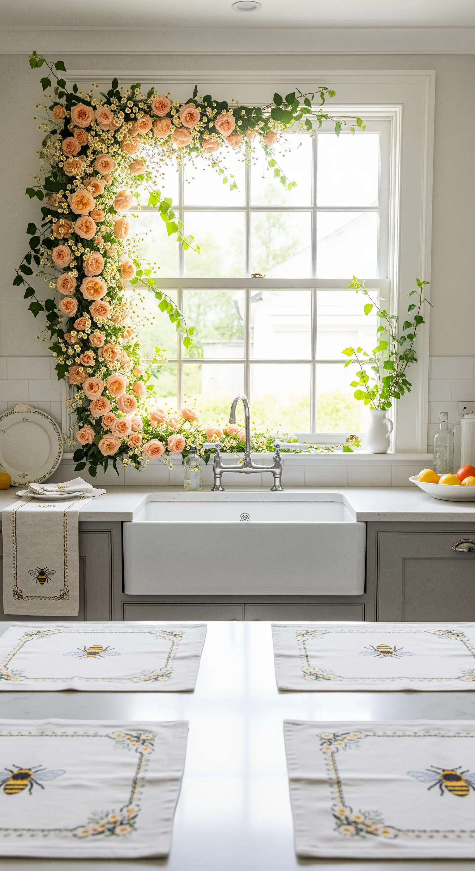 Ghirlanda asimmetrica di rose color pesca che incornicia una finestra sopra un lavello da cucina in ceramica.