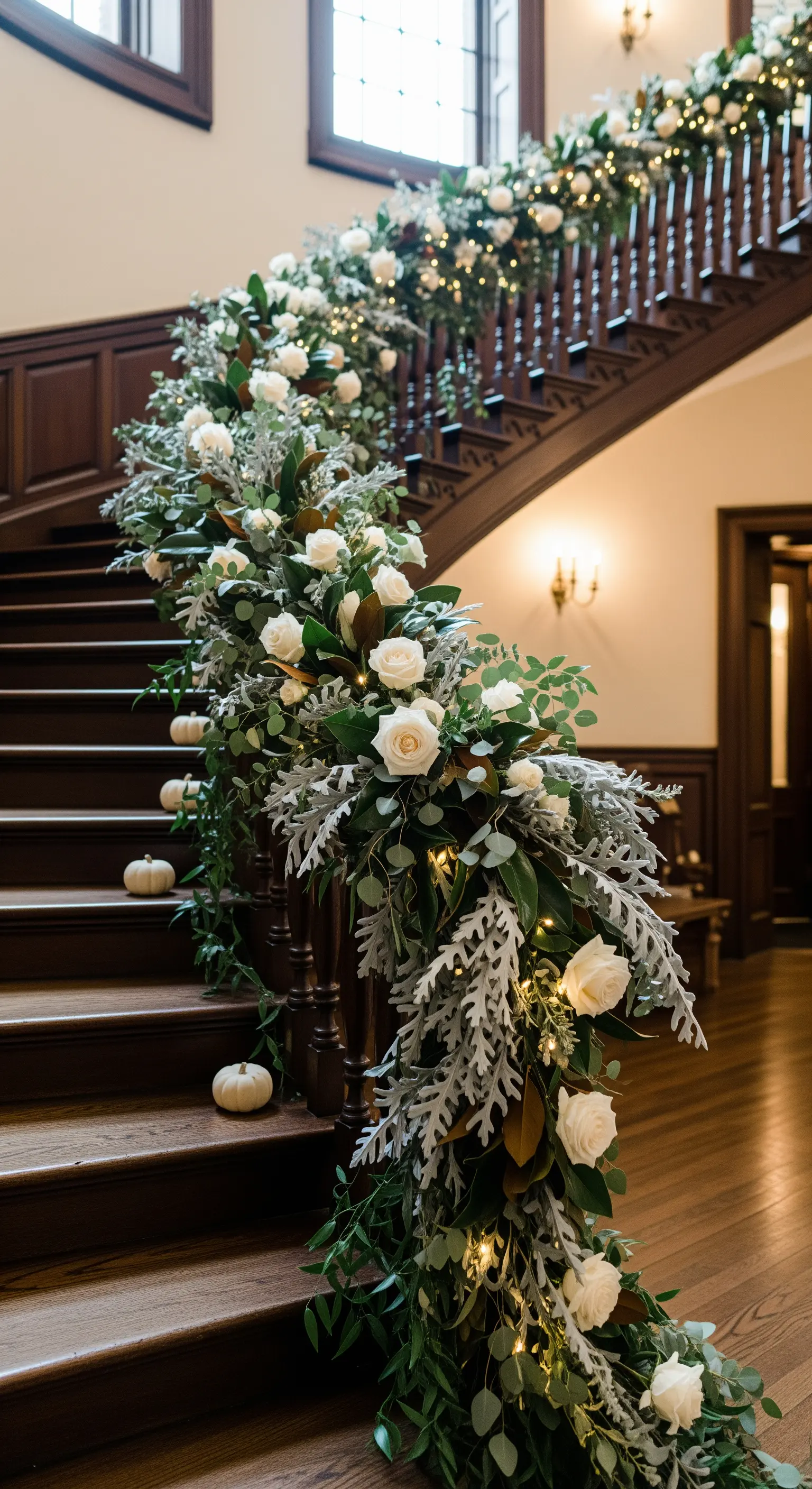 Corrimano di una grande scala in legno decorato con una ricca ghirlanda di rose bianche e verde.