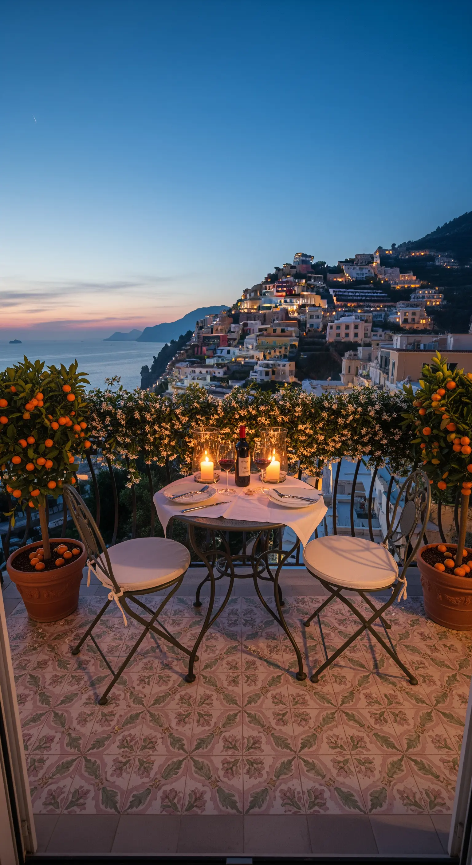 Tavolo per due apparecchiato per una cena romantica su un balcone con vista su Positano.