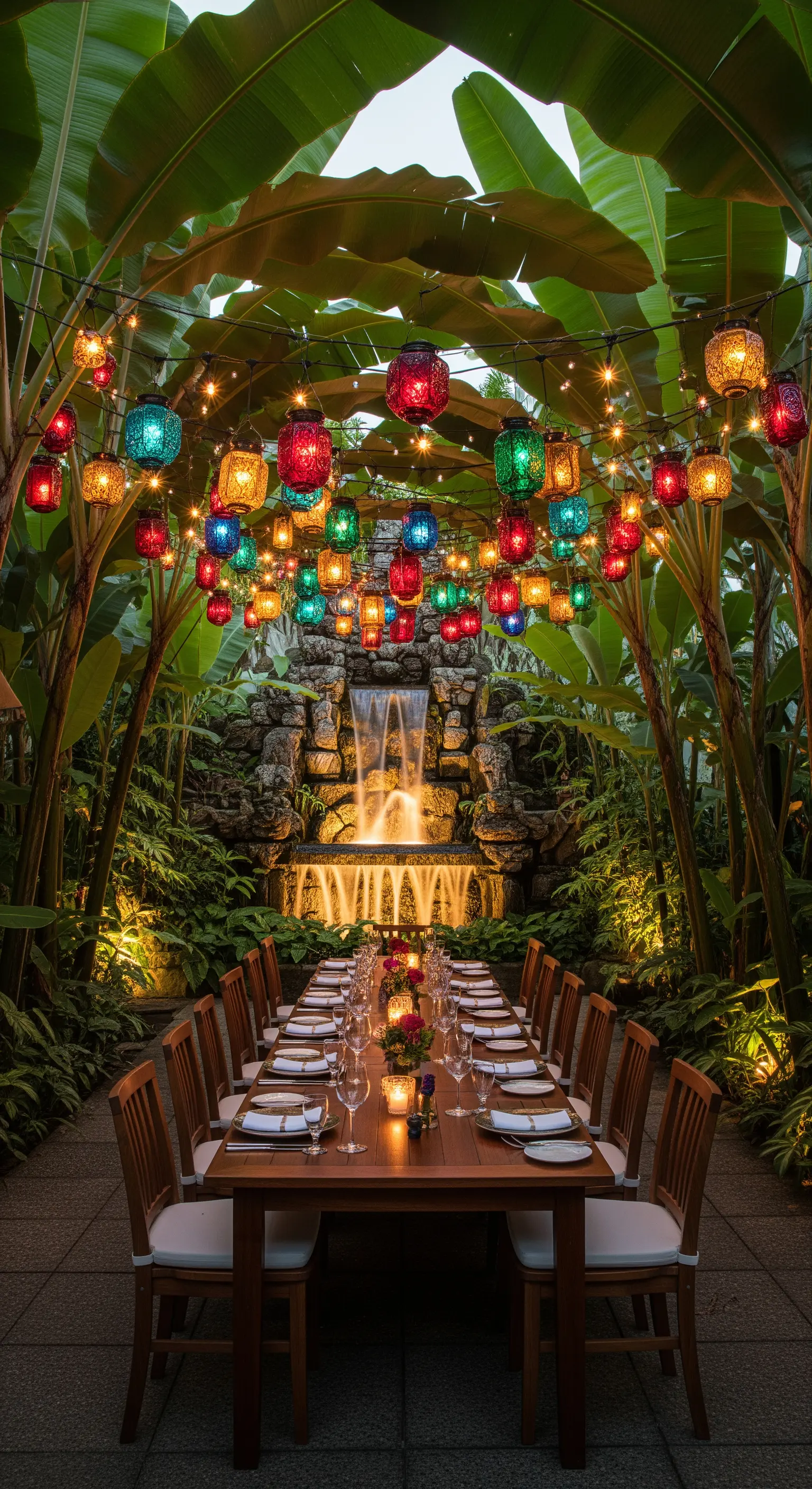 Tavolo da pranzo all'aperto sotto un tetto di foglie e lanterne colorate, con una cascata.