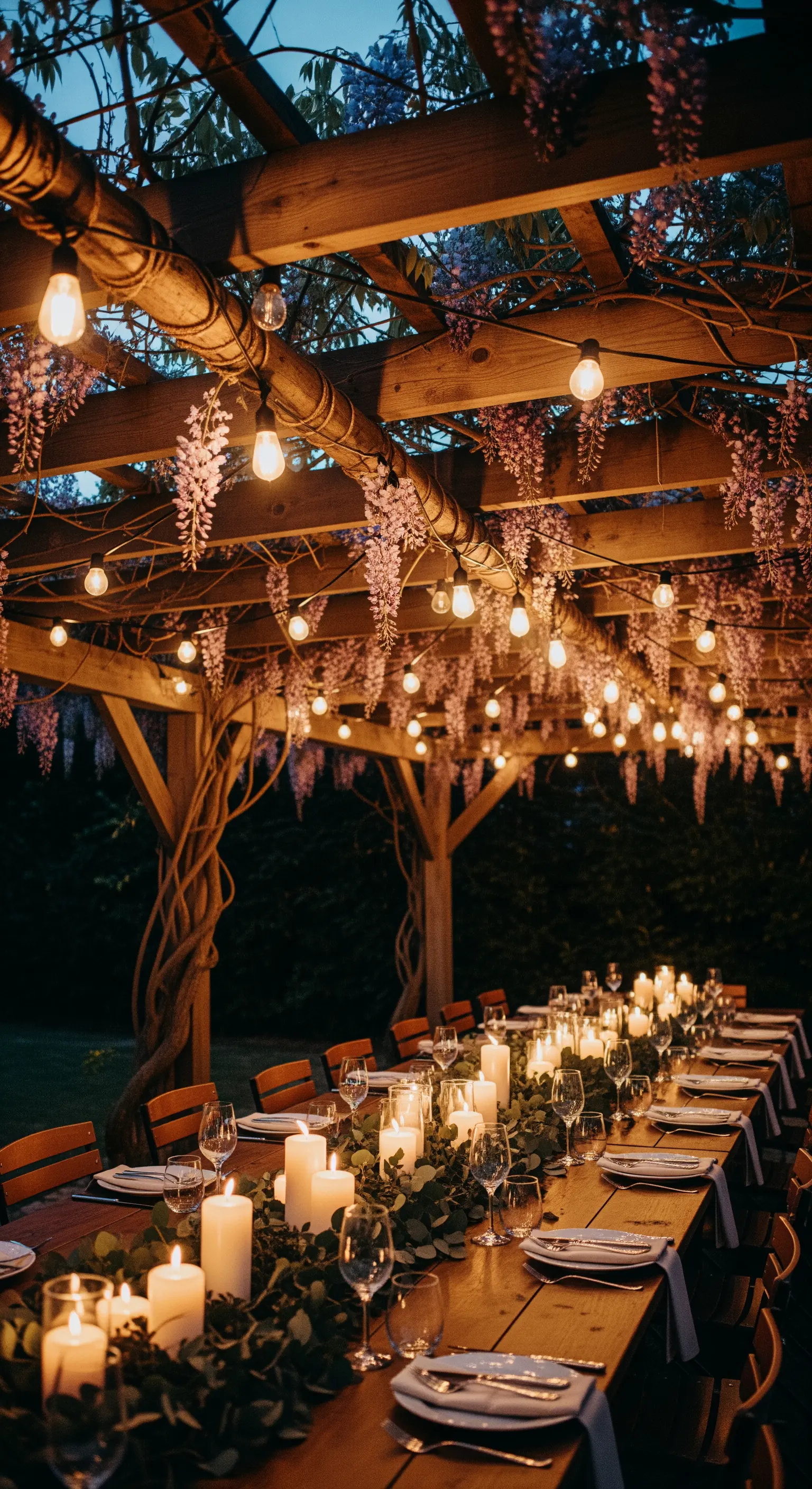 Lunga tavolata sotto una pergola di legno coperta da fili di lampadine e con un runner di candele.