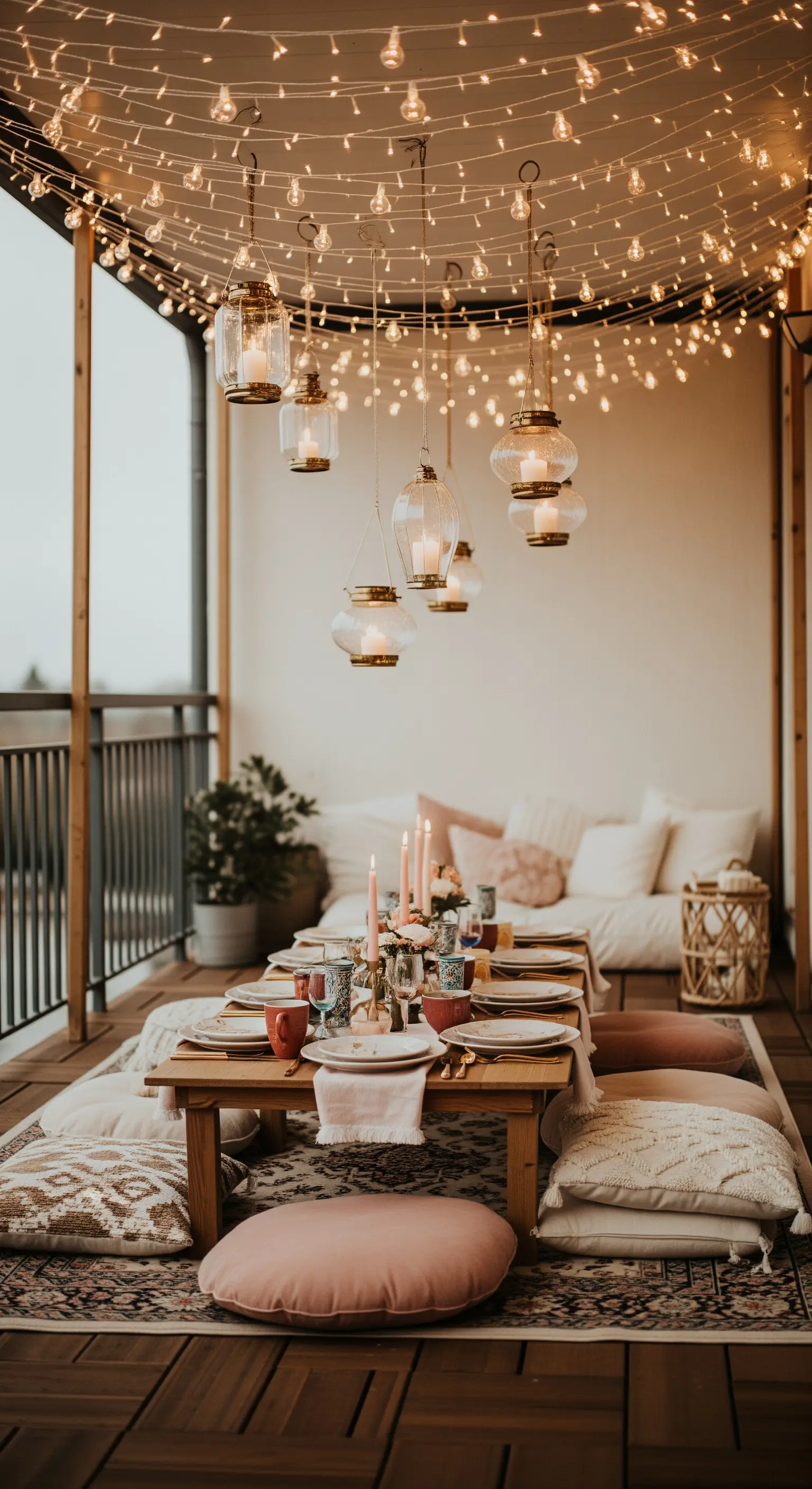 Balcone allestito per una cena con tavolo basso, cuscini a terra e un soffitto di lucine.