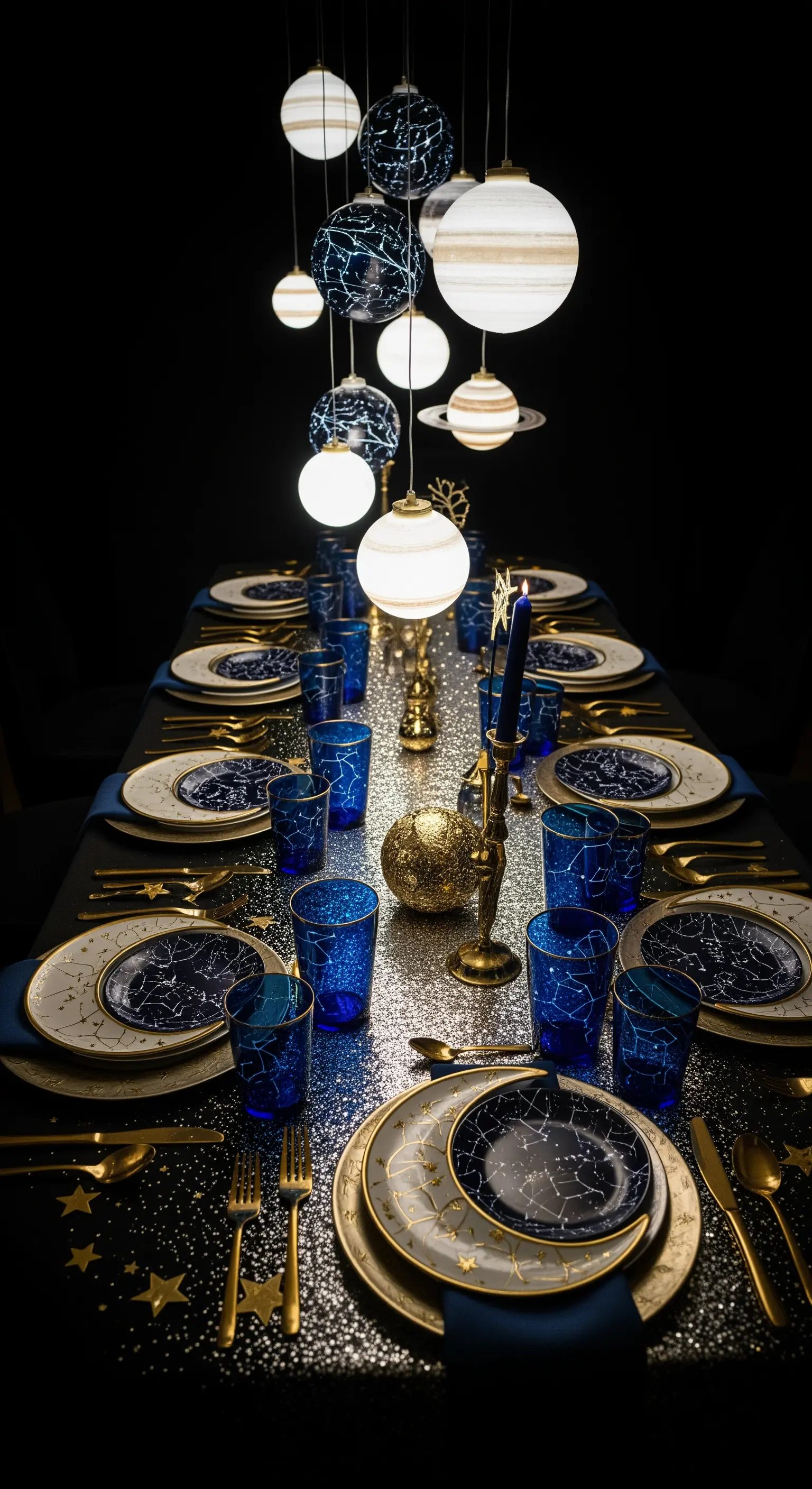 Tavola a tema spaziale con pianeti luminosi sospesi, piatti con costellazioni e runner glitterato.