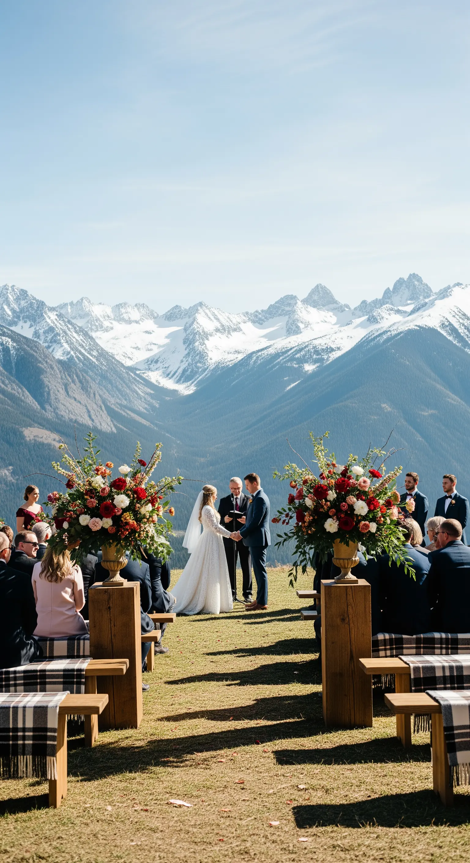 Cerimonia nuziale all'aperto con panche in legno e vista spettacolare sulle montagne innevate.