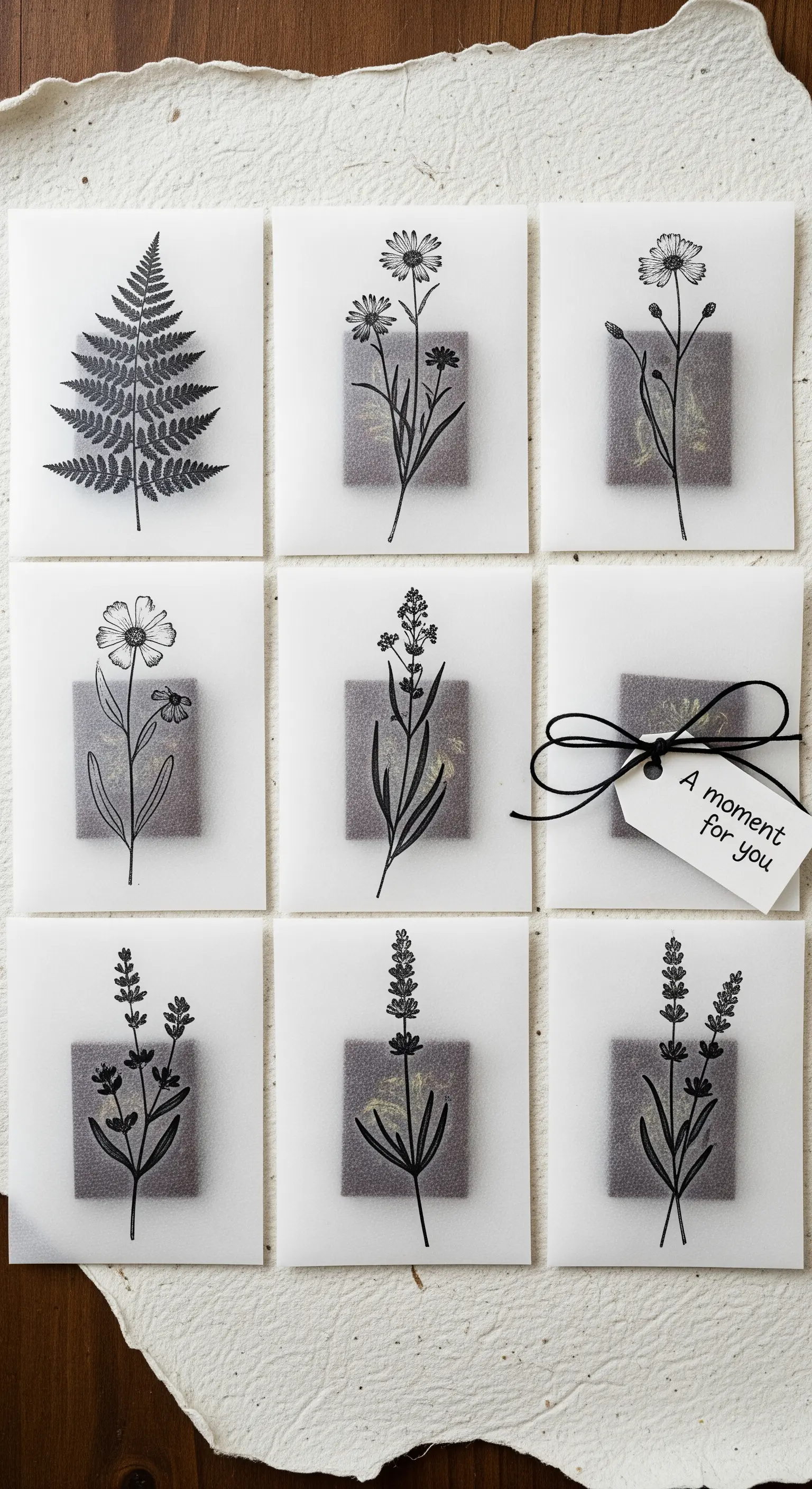 Nove bustine decorate con diverse illustrazioni botaniche in bianco e nero.