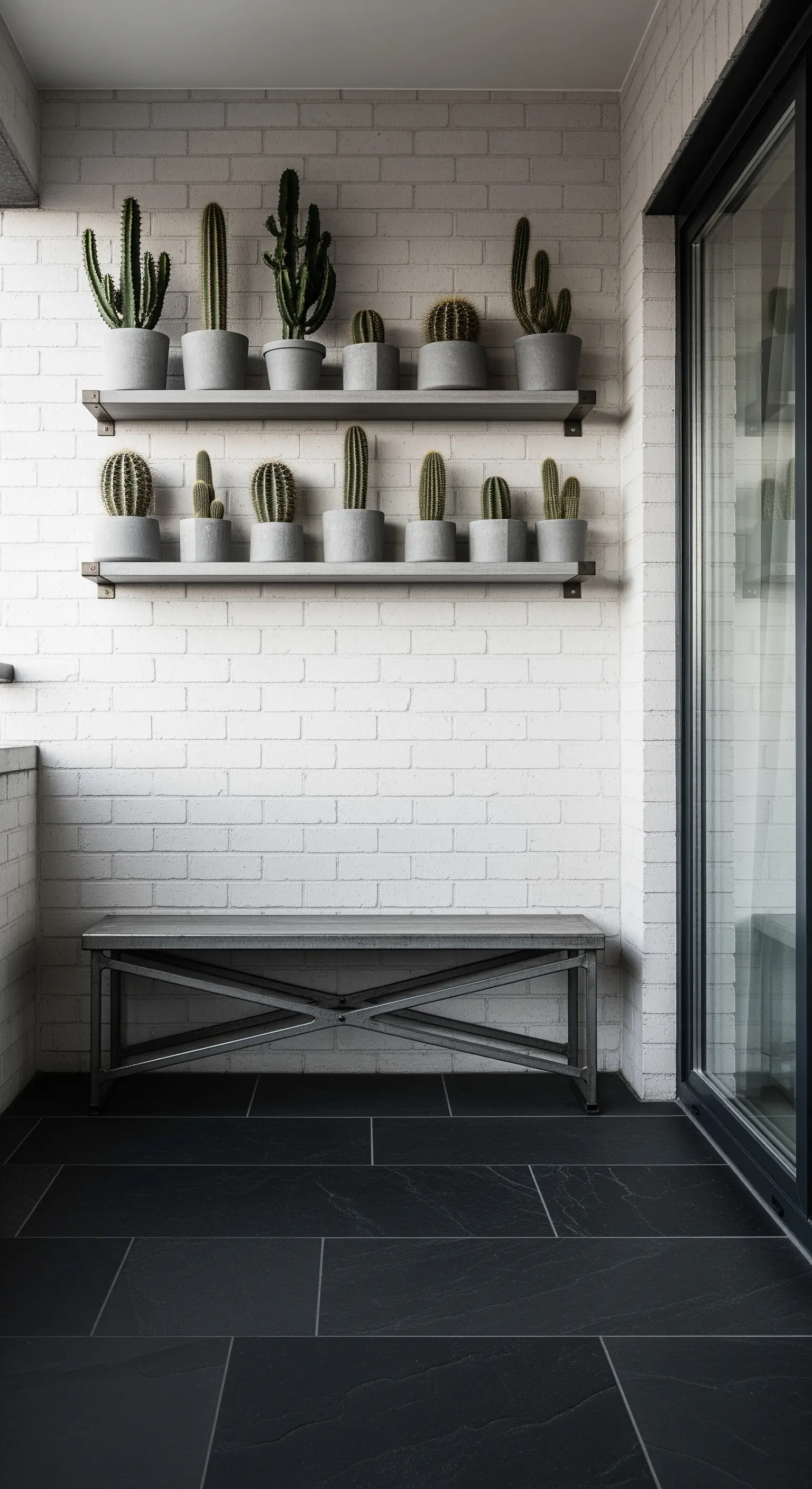 Collezione di cactus in vasi di cemento su due mensole, contro un muro di mattoni bianchi.