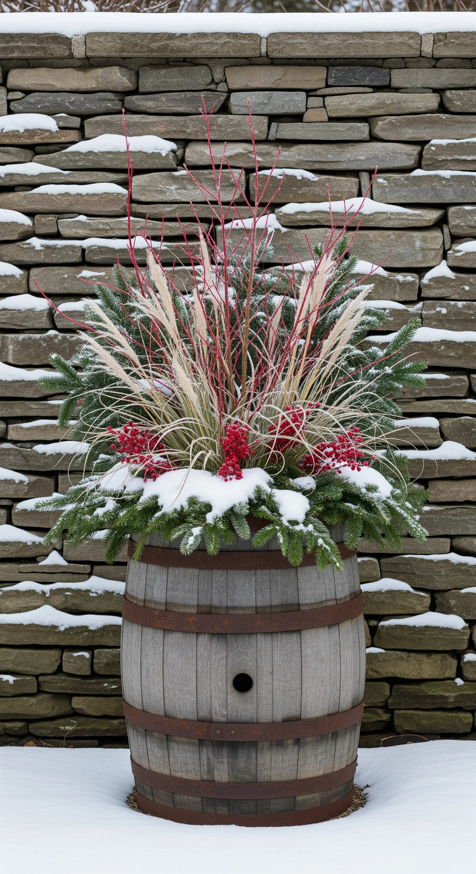 Composizione invernale in una botte con rami di pino, bacche rosse e erbe ornamentali innevate