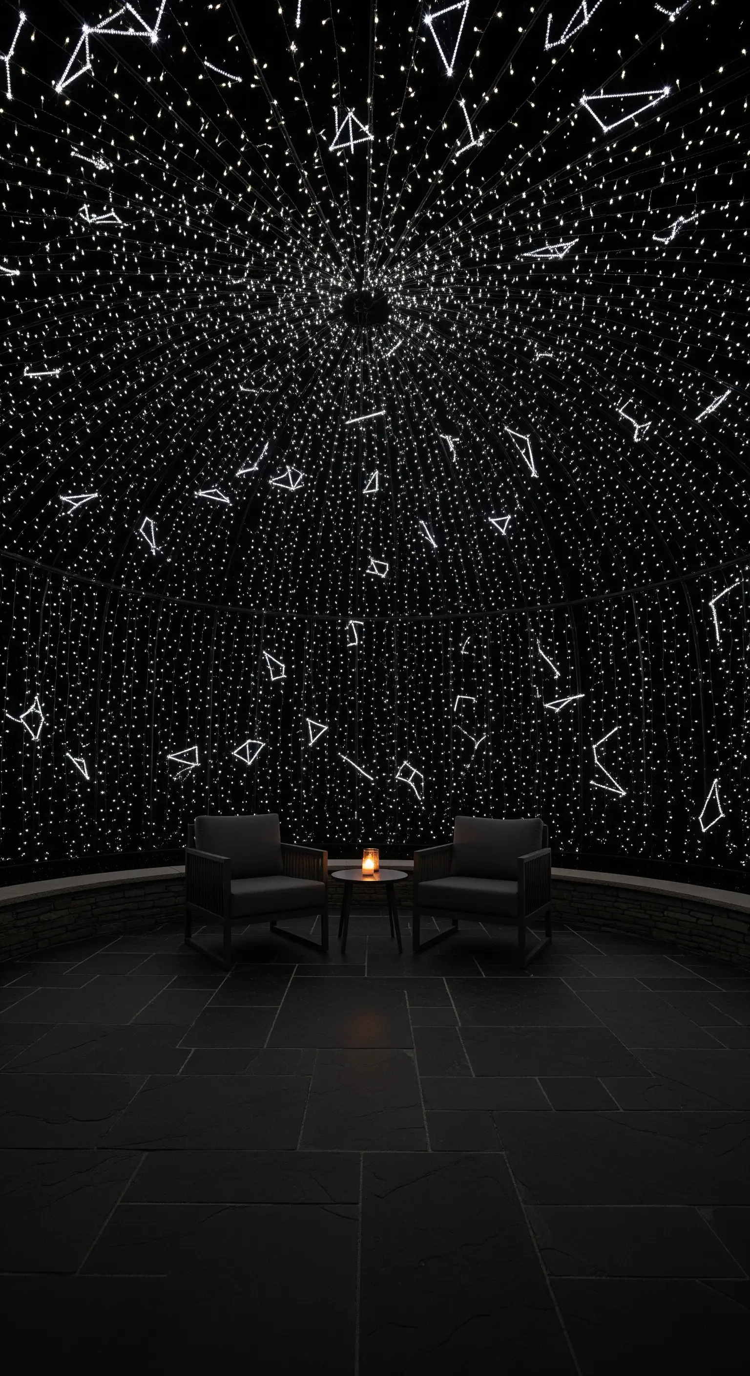 Due poltrone sotto una cupola scura illuminata da innumerevoli lucine che formano costellazioni.