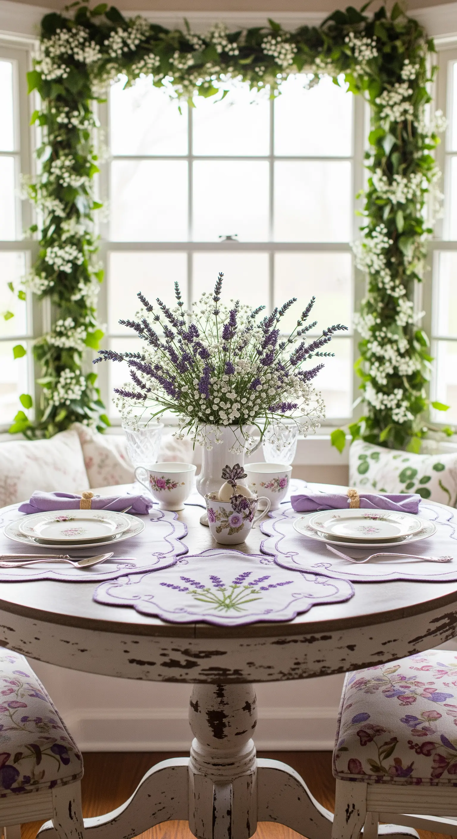 Tavolo rotondo shabby chic con tovagliette ricamate alla lavanda, davanti a una finestra incorniciata da verde.