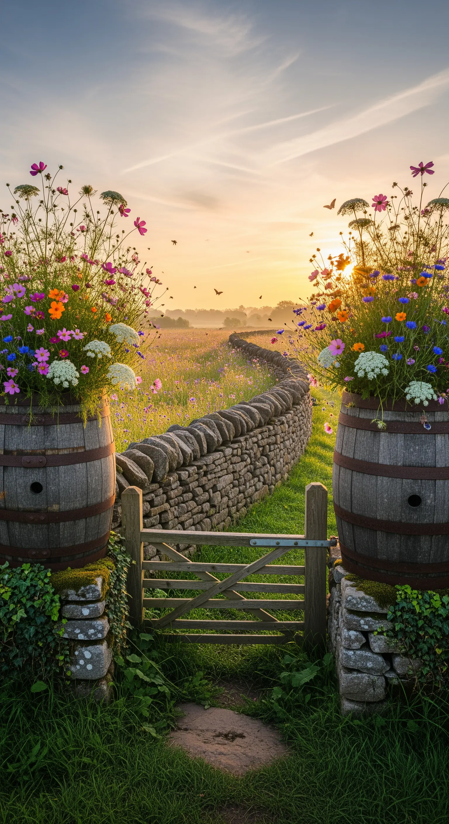 Due botti con fiori di campo ai lati di un cancello in legno che si apre su un prato al tramonto