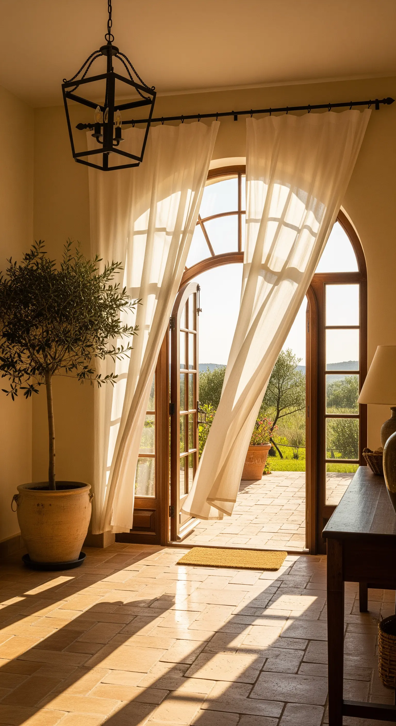 Ingresso rustico con porta ad arco aperta su un giardino, tende bianche e pavimento in cotto.
