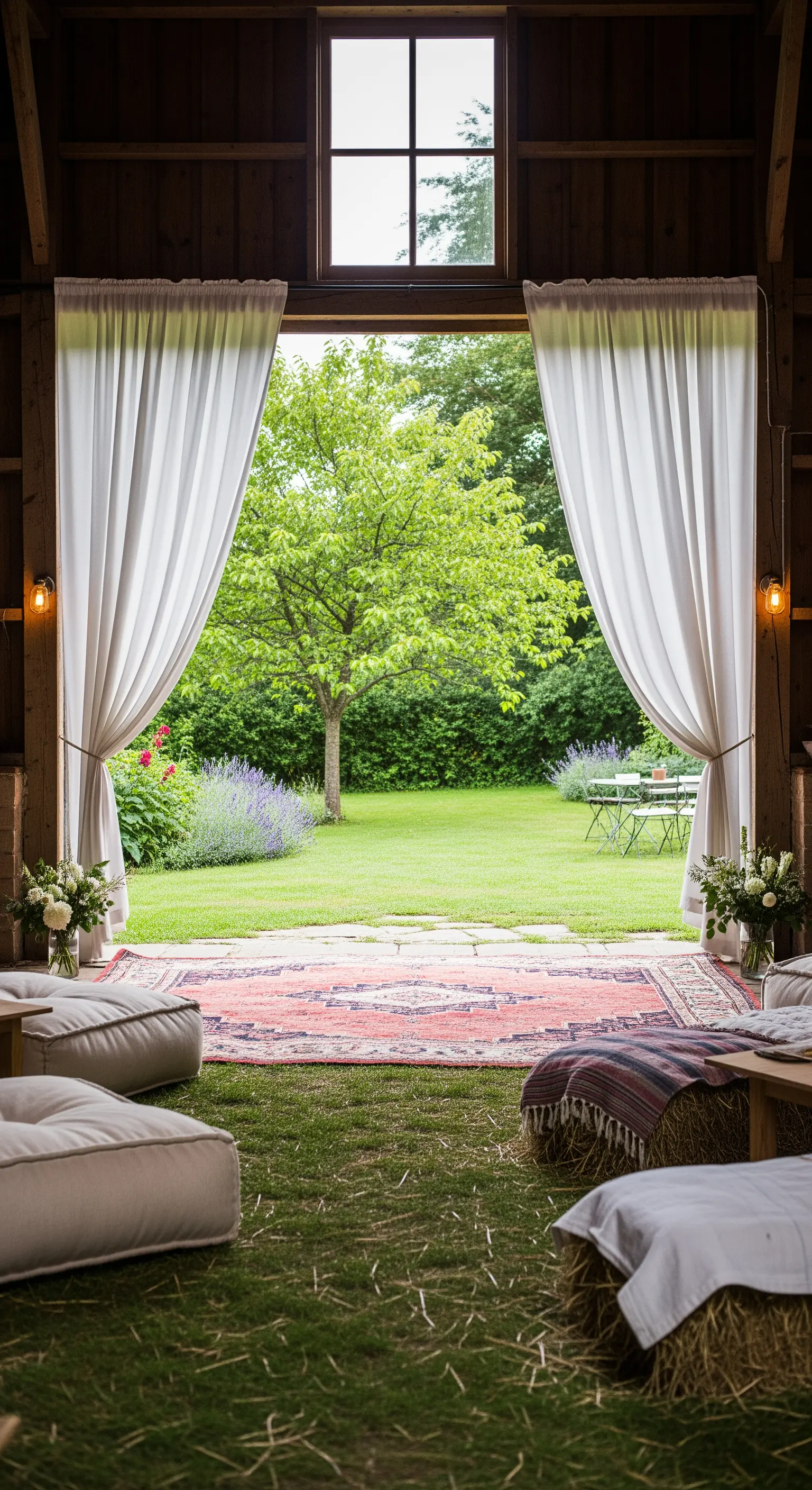Porta di un fienile con tende bianche che si apre su un giardino con tappeto e cuscini.