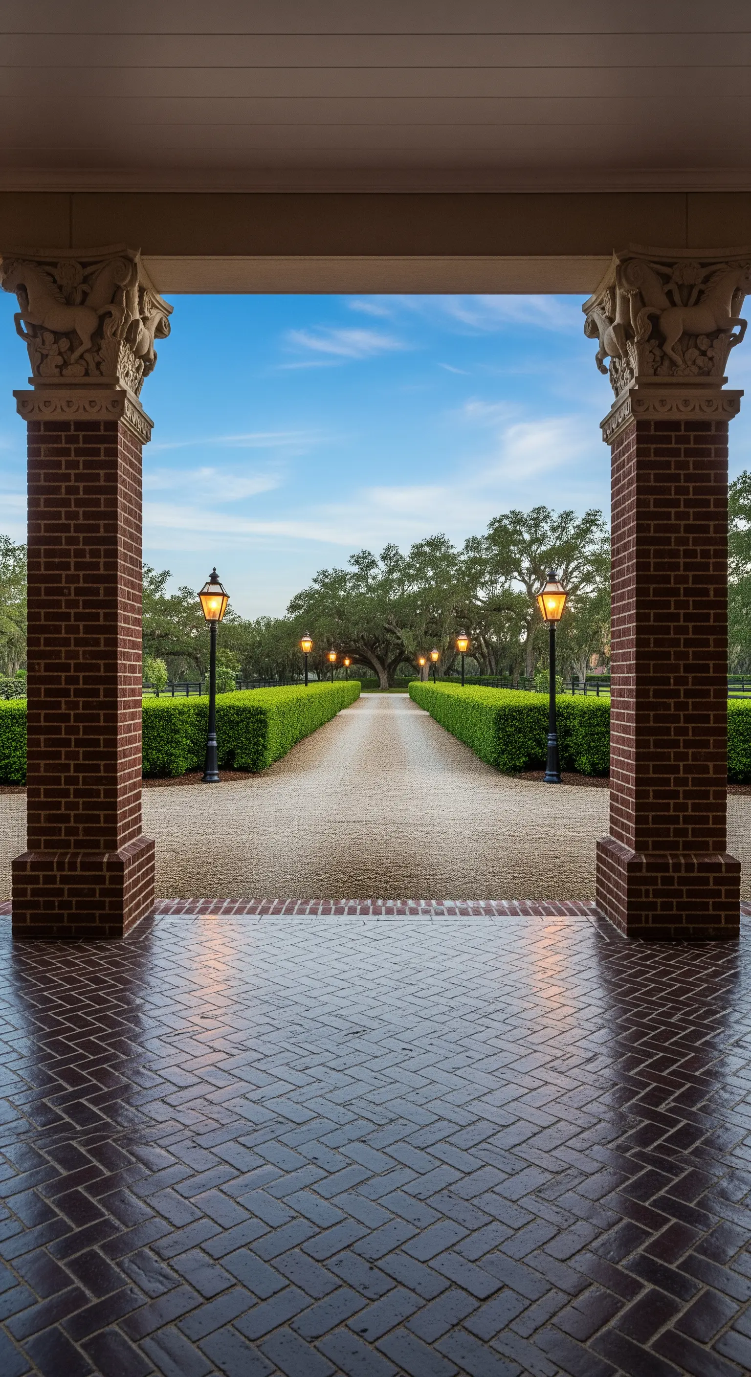 Vista da un portico con colonne in mattoni che incornicia un lungo viale alberato.