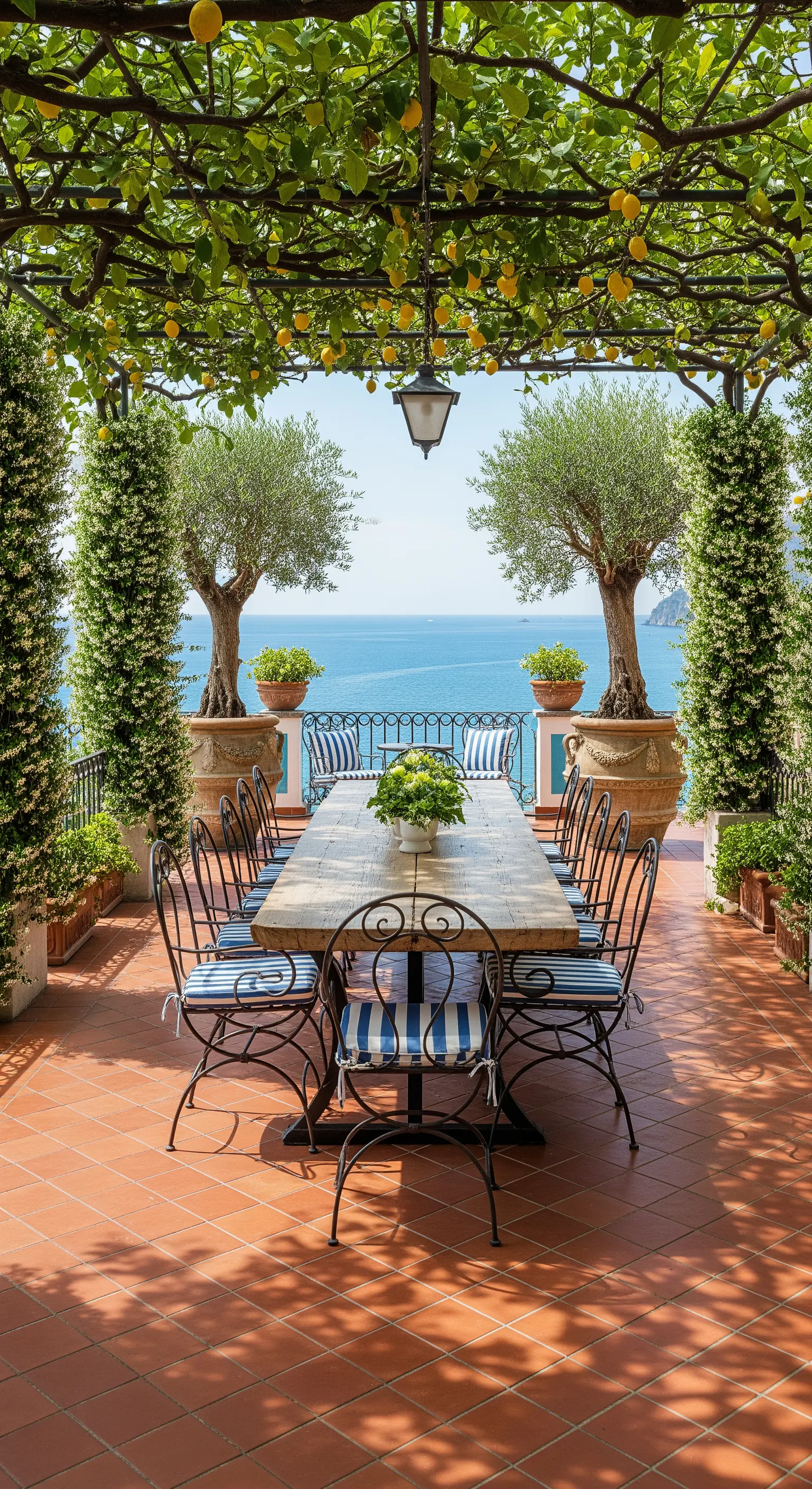 Tavolata sotto un pergolato di limoni con vista sul mare e sedie con cuscini a righe.