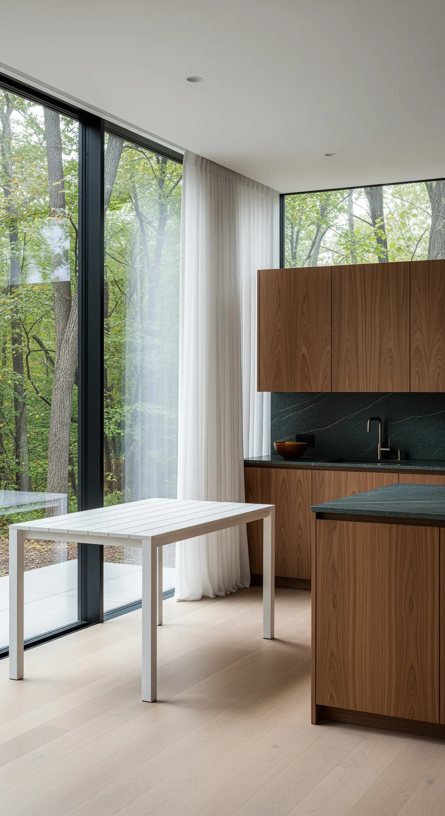 Cucina moderna con una grande vetrata sul bosco e una tenda bianca laterale.