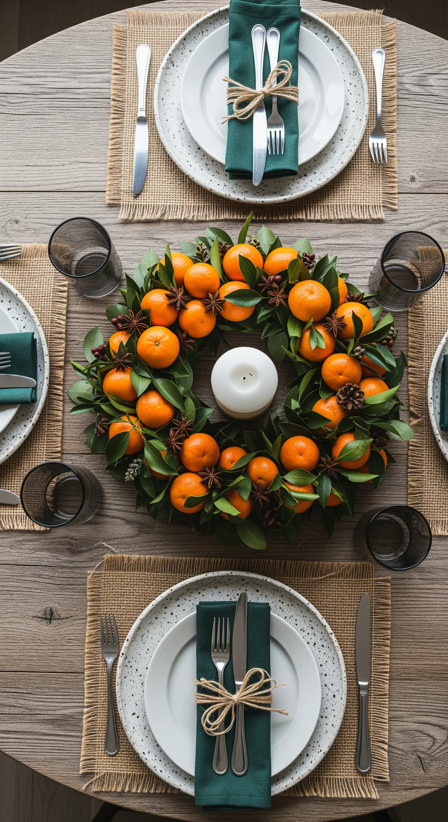 Vista dall'alto di una tavola con centrotavola a ghirlanda di mandarini e candela bianca