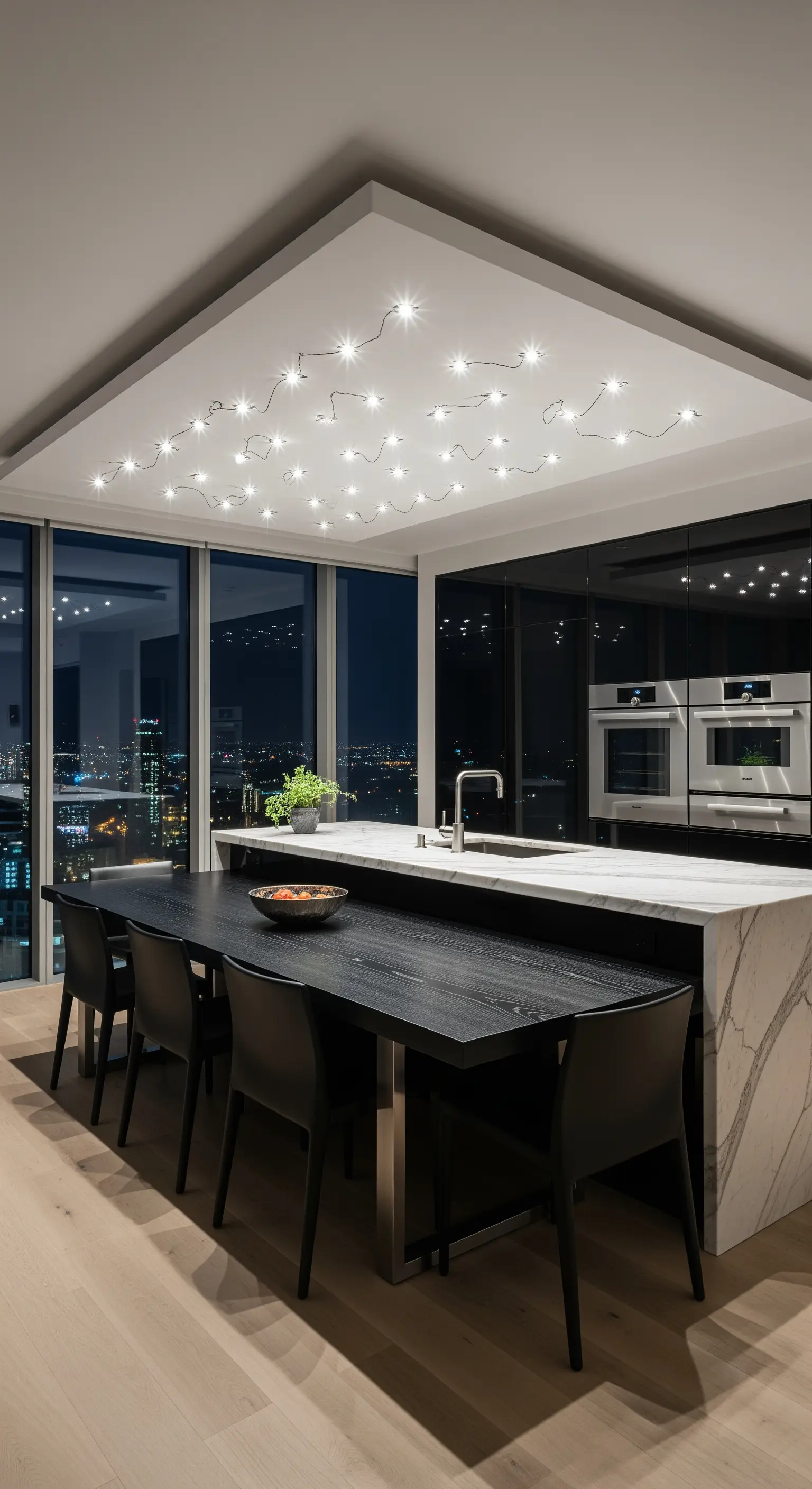 Cucina moderna e lussuosa con un soffitto illuminato da un sistema di piccole luci che formano una costellazione.