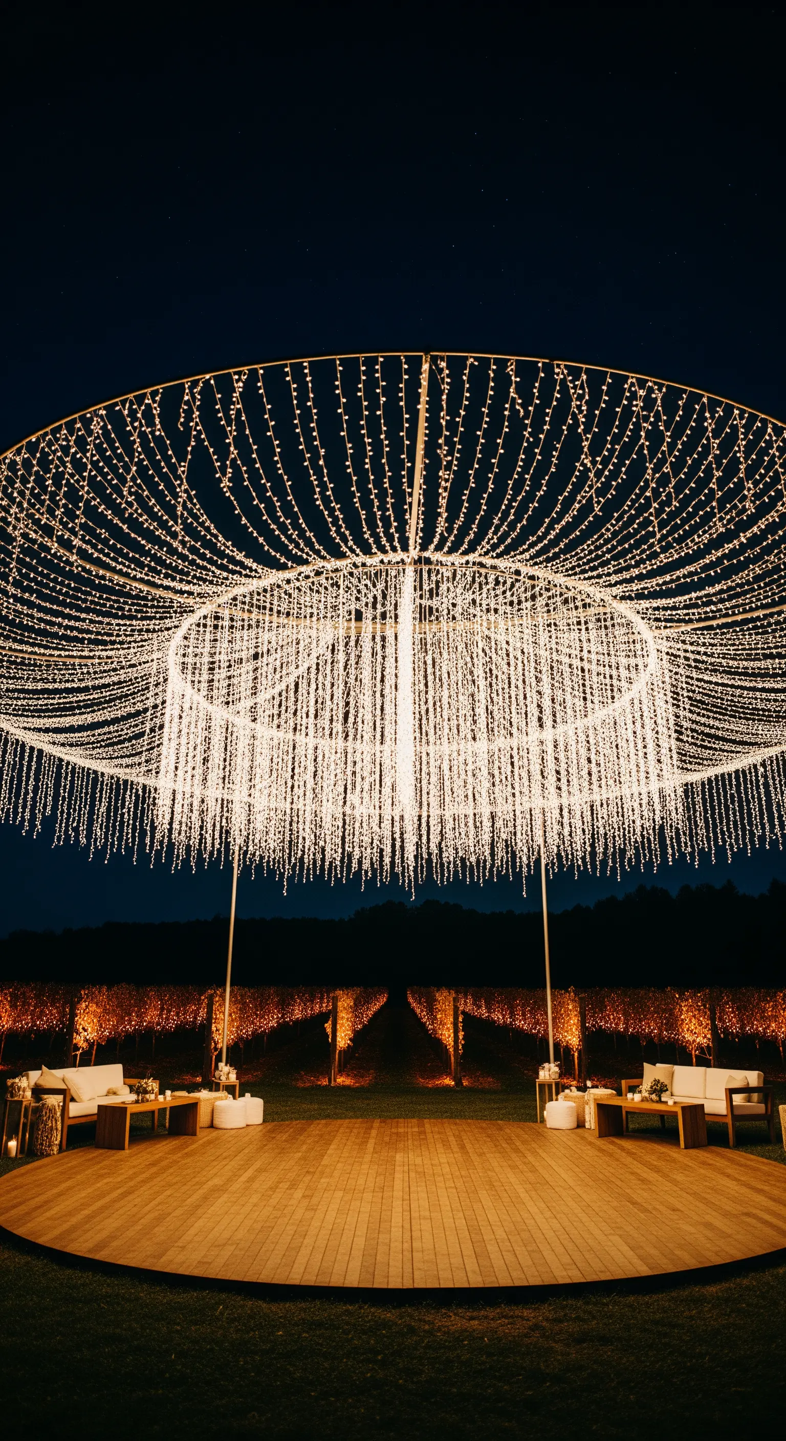 Grande installazione luminosa circolare a cascata sopra una pista da ballo in un vigneto.