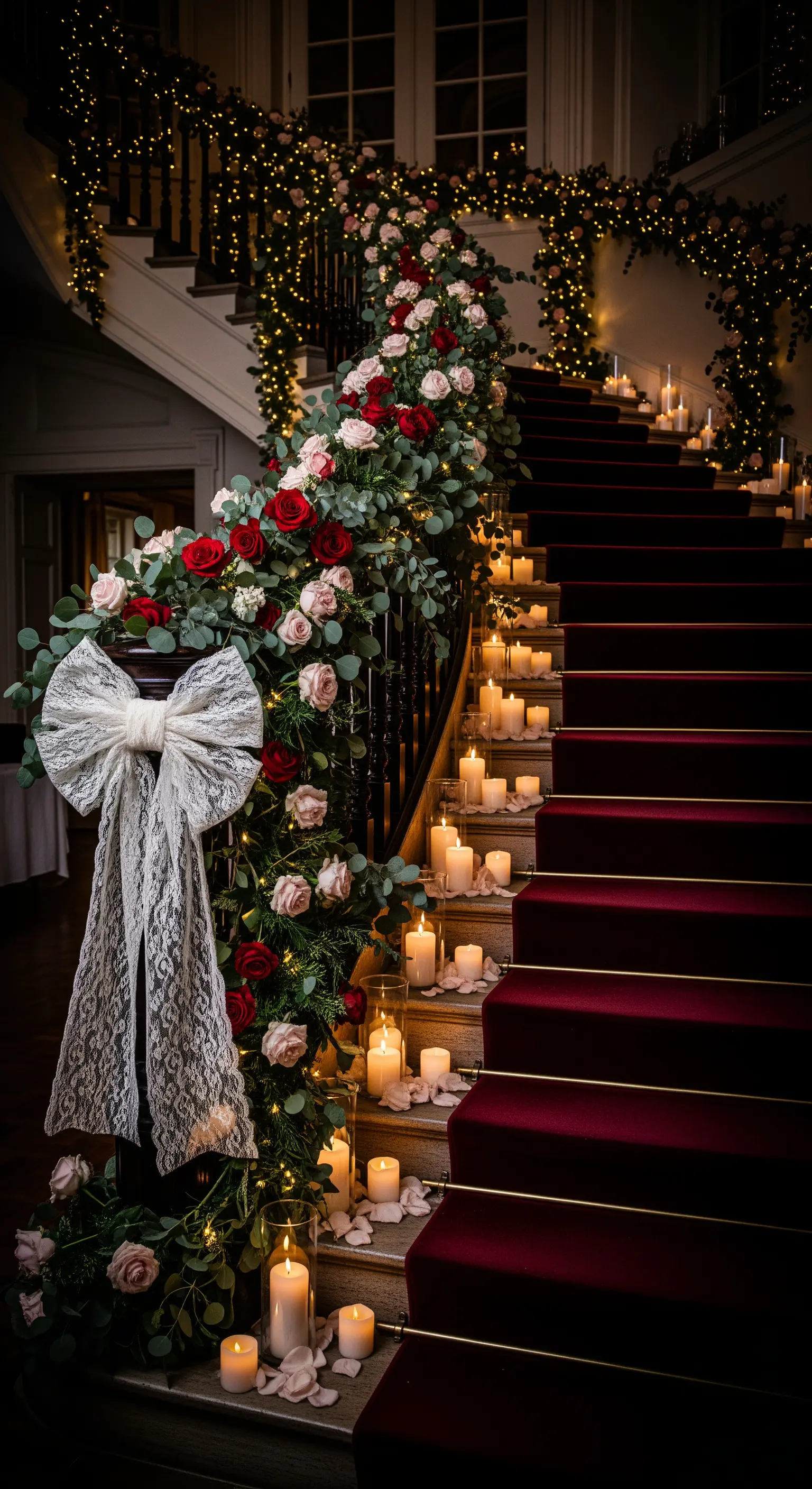 Scalinata elegante decorata con ghirlande di rose, luci calde, candele e un grande fiocco di pizzo.