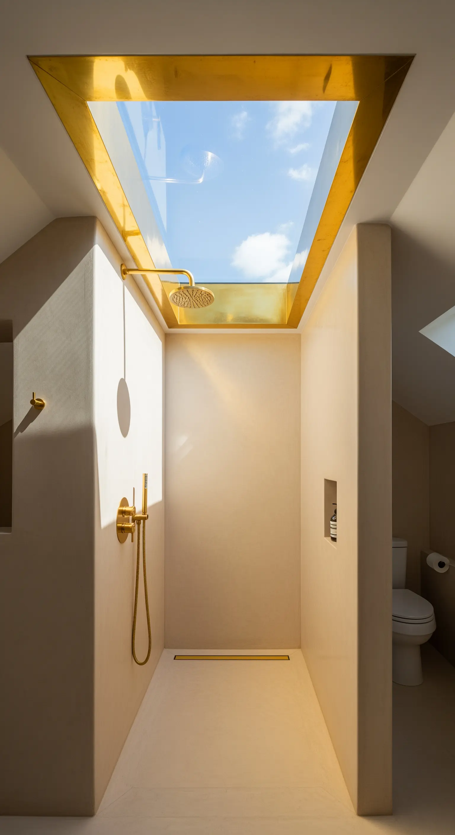 Doccia minimalista con soffione dorato sotto un lucernario con cornice dorata.