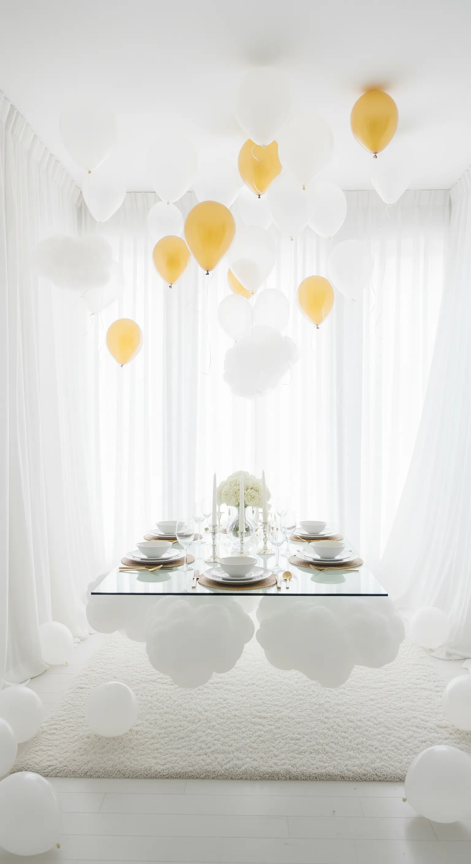 Allestimento etereo total white con palloncini bianchi e oro che fluttuano come nuvole.