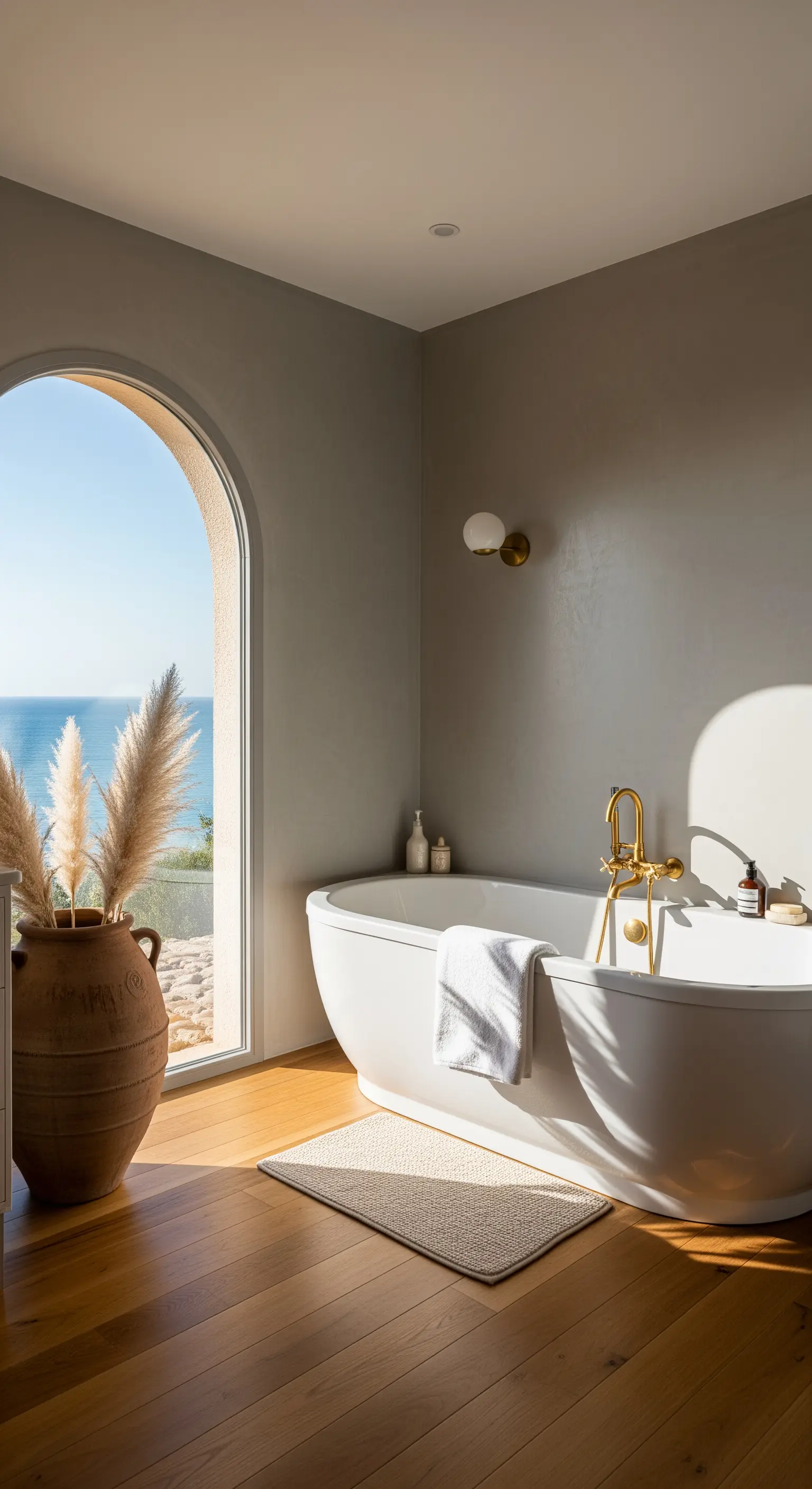 Vasca ovale davanti a una finestra ad arco con vista sul mare e vaso in terracotta.