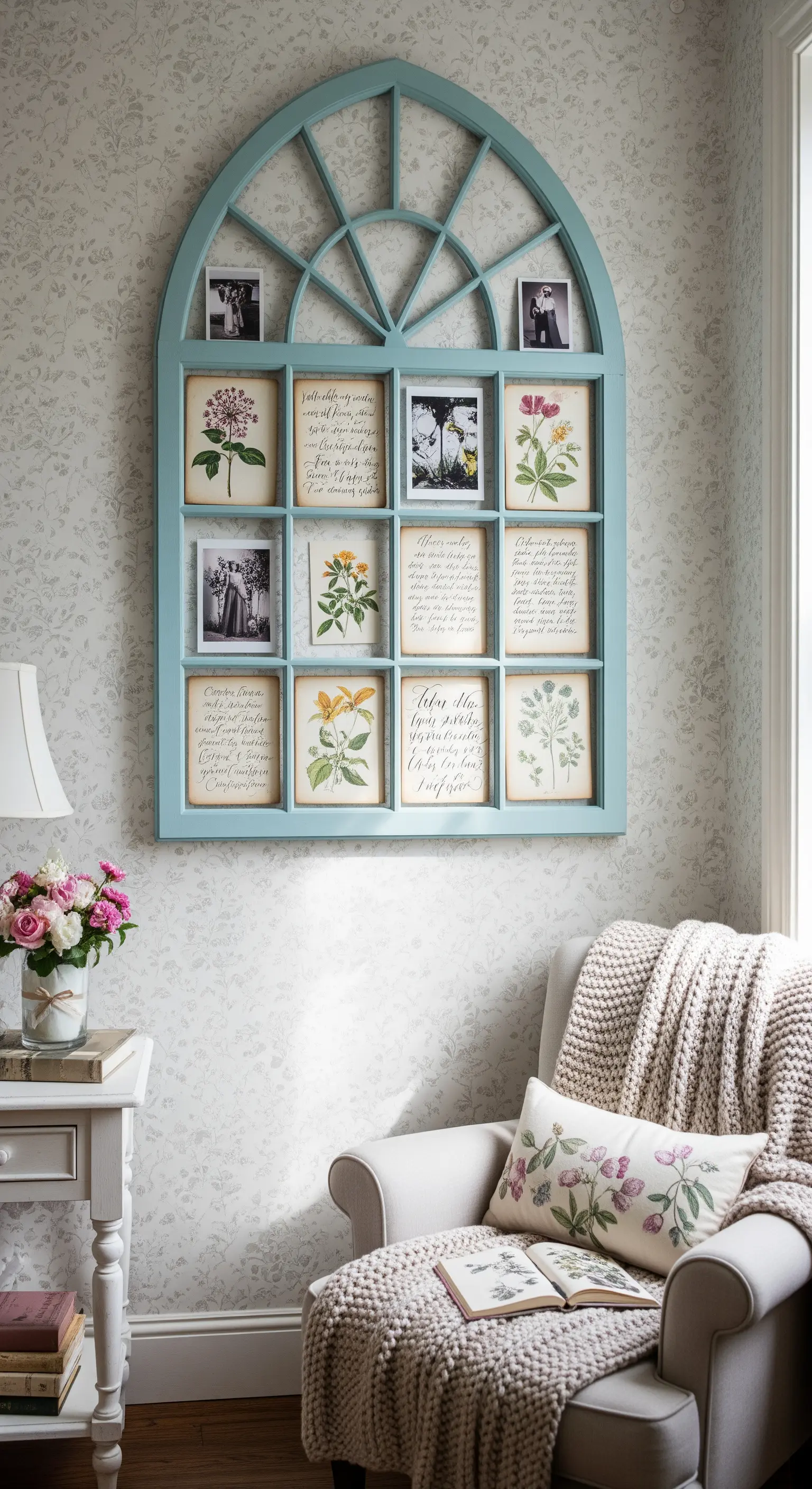 Finestra azzurra ad arco appesa a una parete con carta da parati floreale, che incornicia foto e stampe.