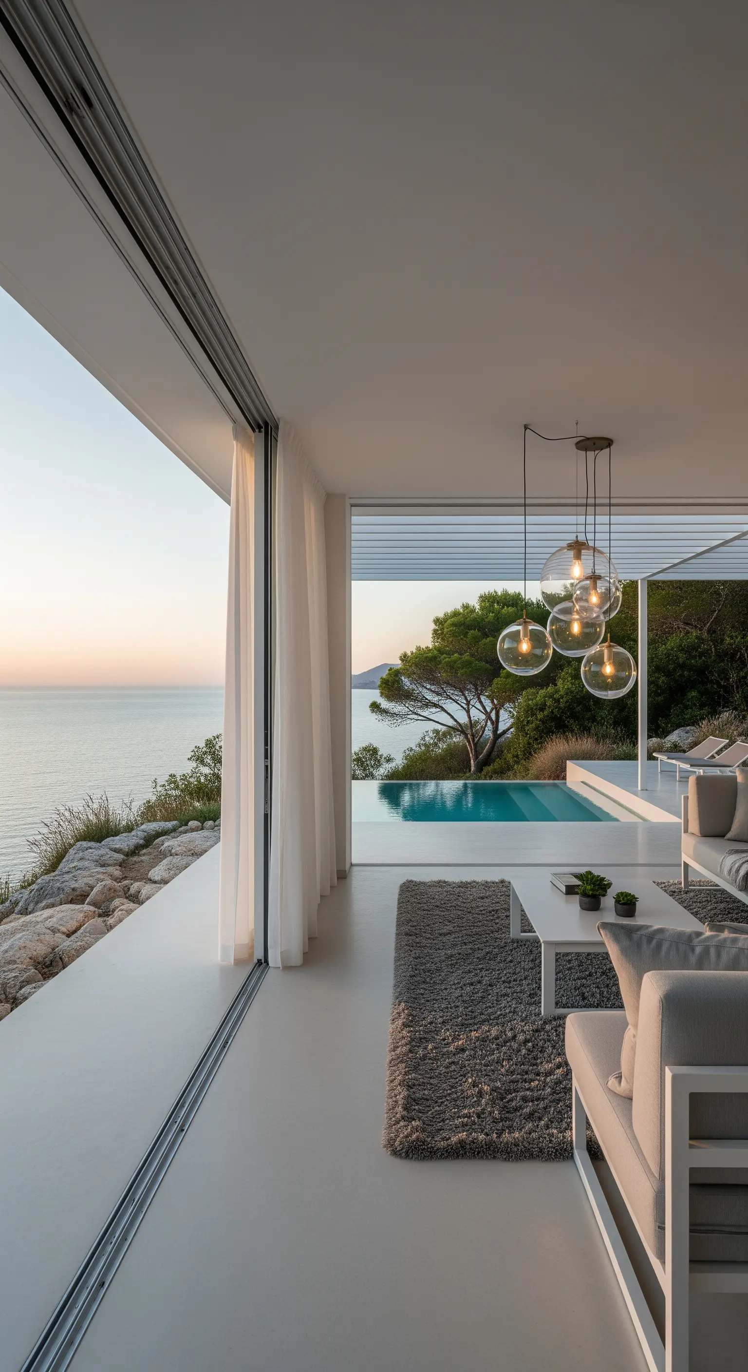 Living moderno minimalista con vetrata scorrevole, vista mare, tende bianche e lampade in vetro