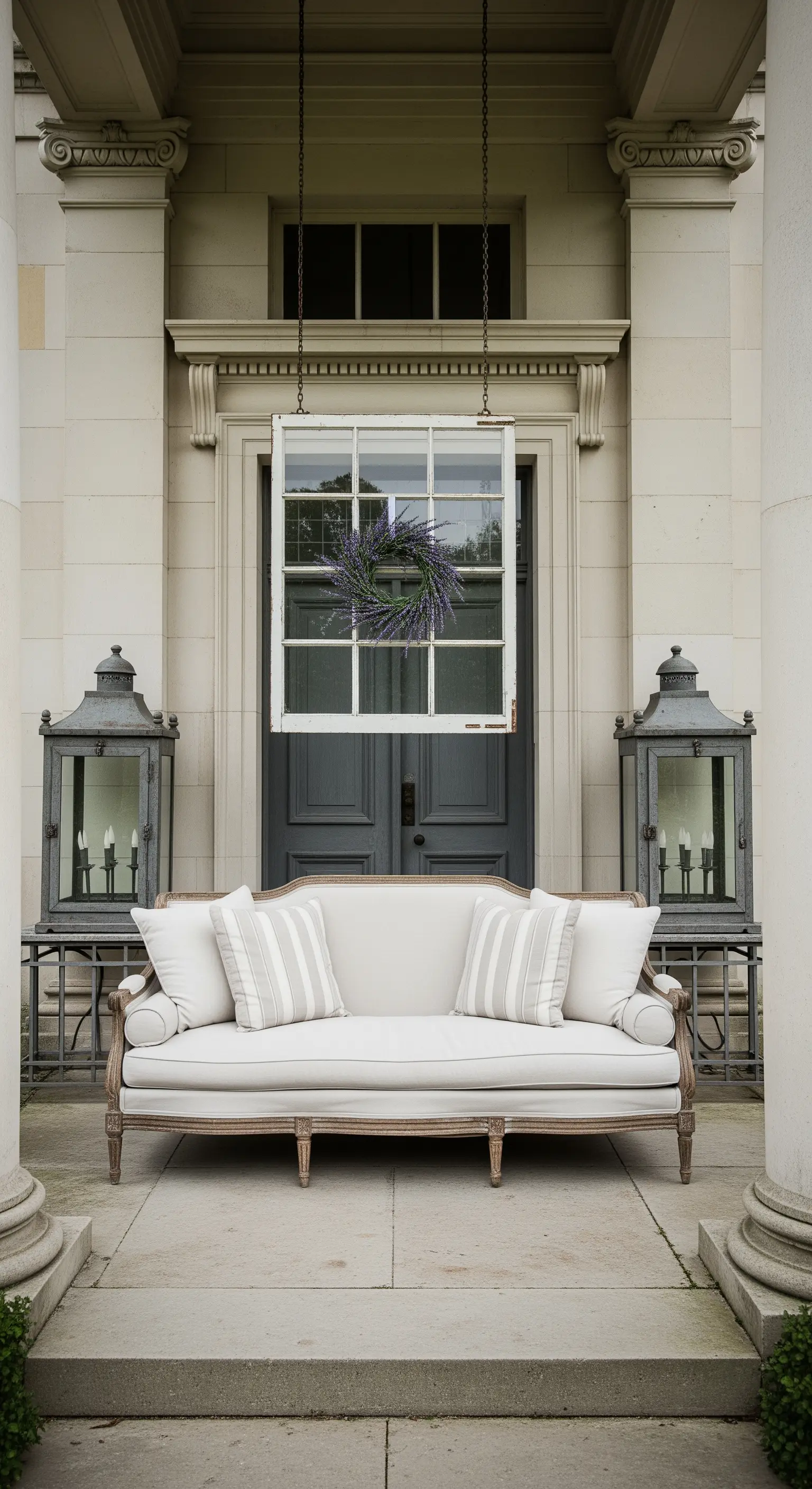 Vecchia finestra sospesa con una ghirlanda di lavanda davanti a una porta, con un divano elegante.