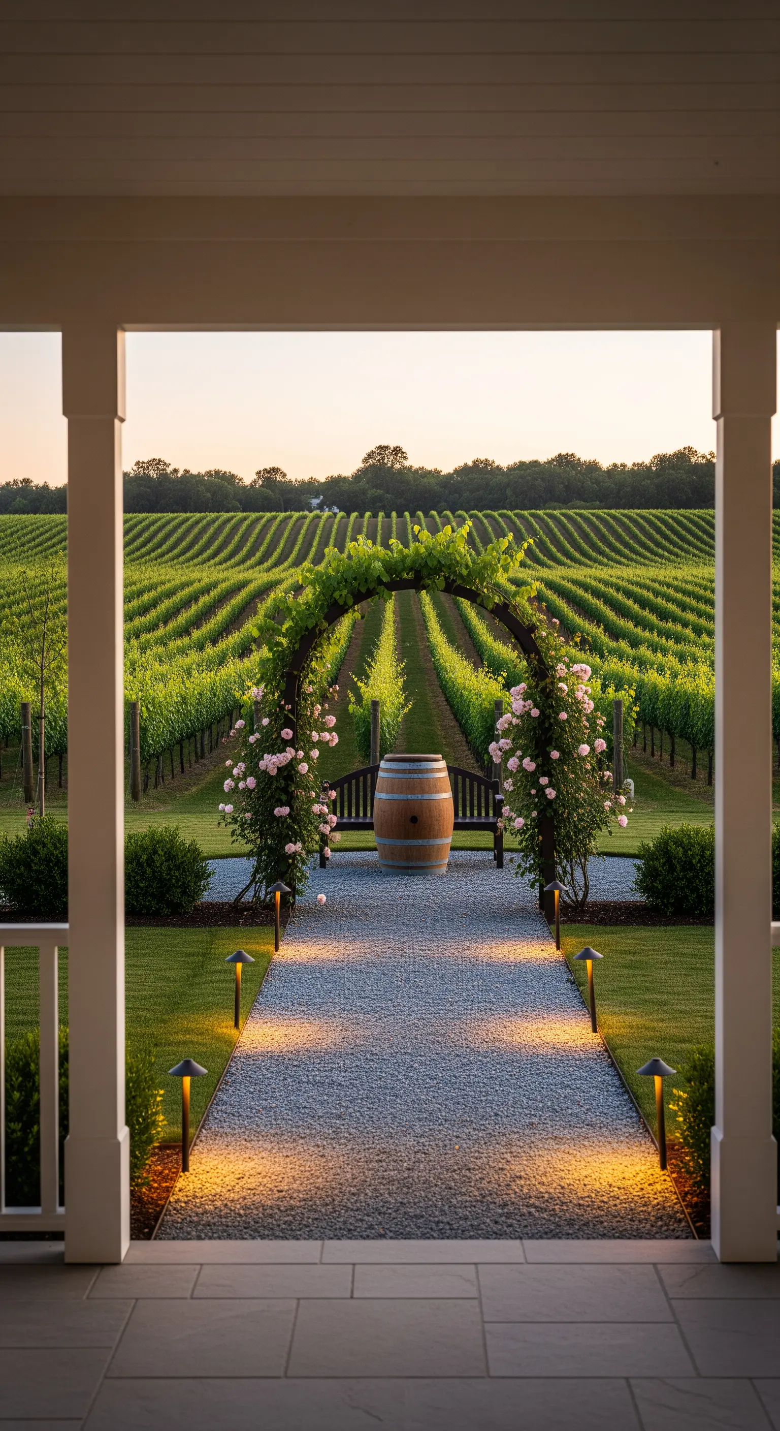Portico con vista su un vigneto, incorniciato da un arco di rose e con una botte di legno.