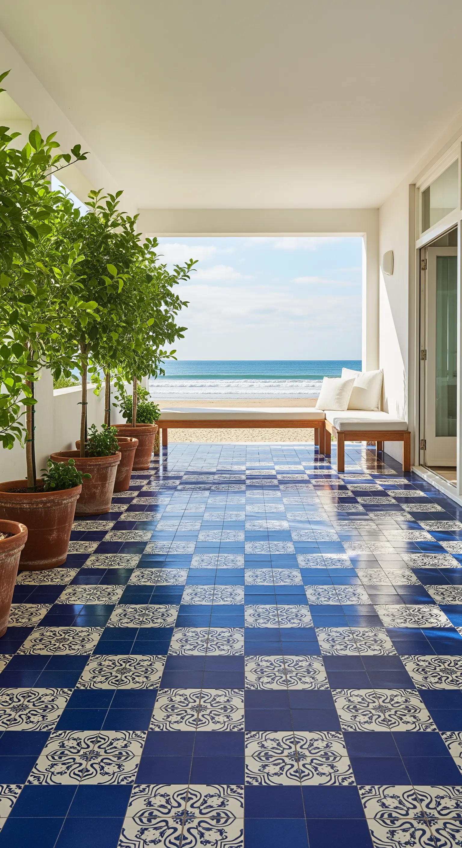 Portico con pavimento a scacchiera blu e bianco che si apre direttamente sulla spiaggia.